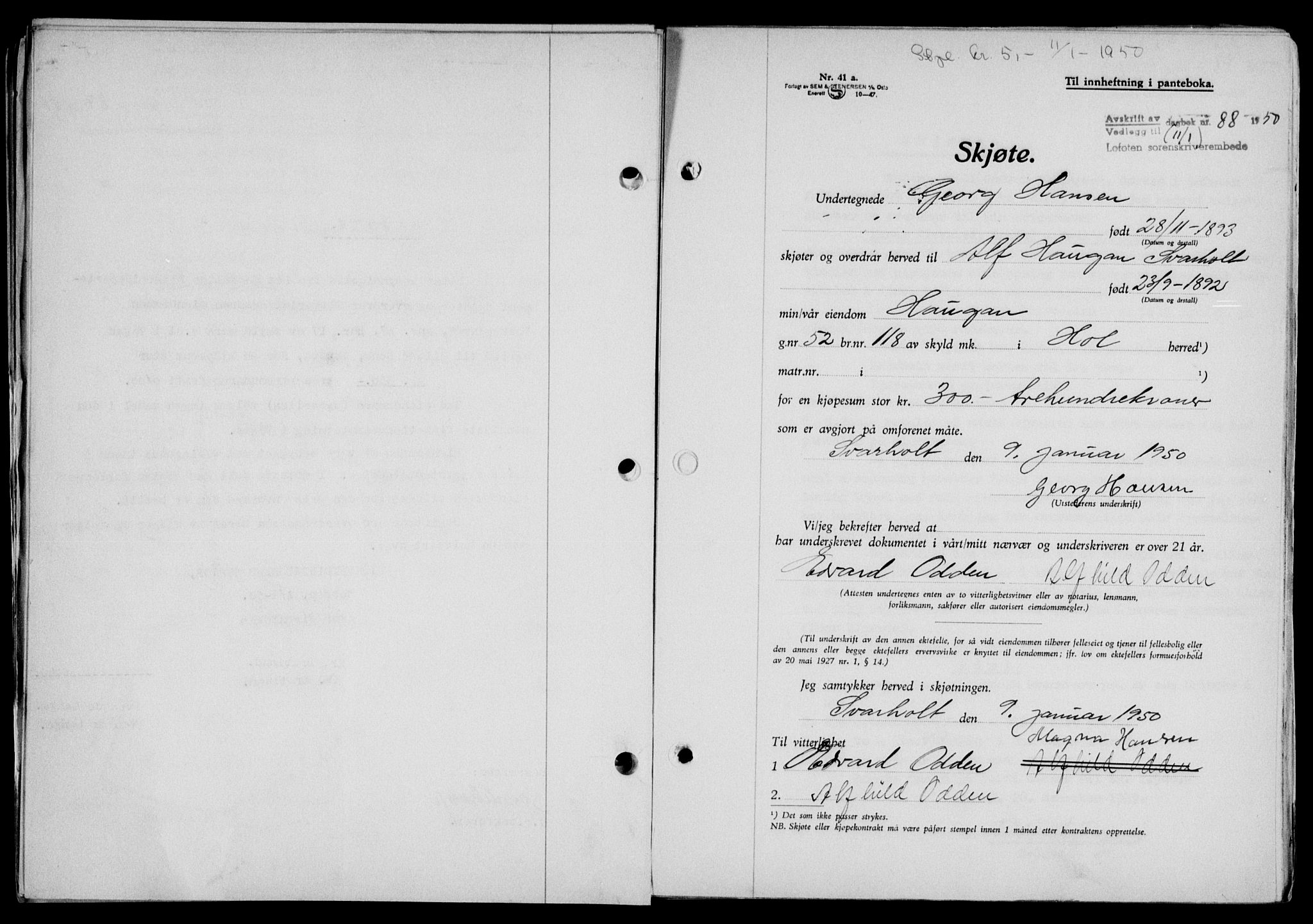 Lofoten sorenskriveri, SAT/A-0017/1/2/2C/L0022a: Mortgage book no. 22a, 1949-1950, Diary no: : 88/1950