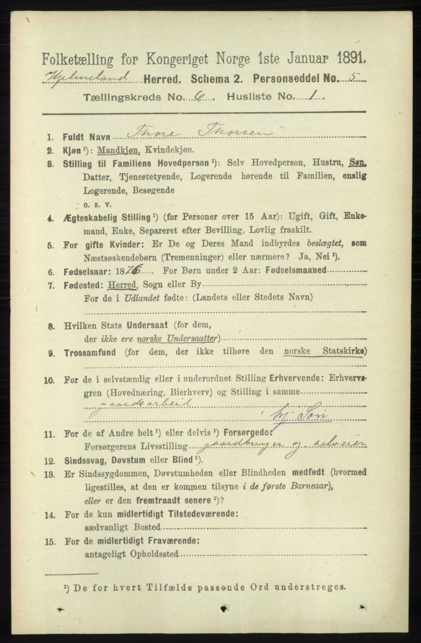 RA, 1891 census for 1133 Hjelmeland, 1891, p. 1560