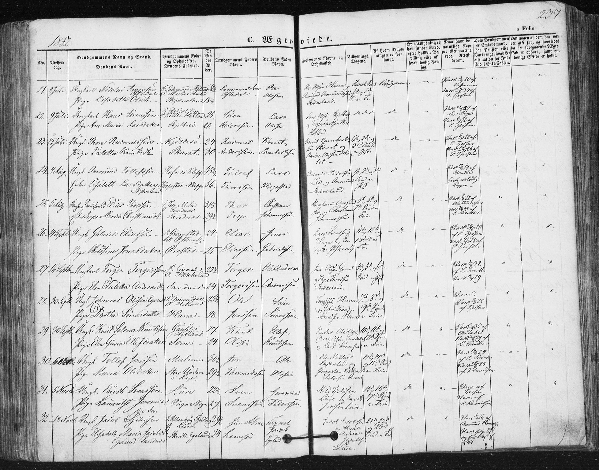 Høyland sokneprestkontor, SAST/A-101799/001/30BA/L0008: Parish register (official) no. A 8, 1841-1856, p. 237