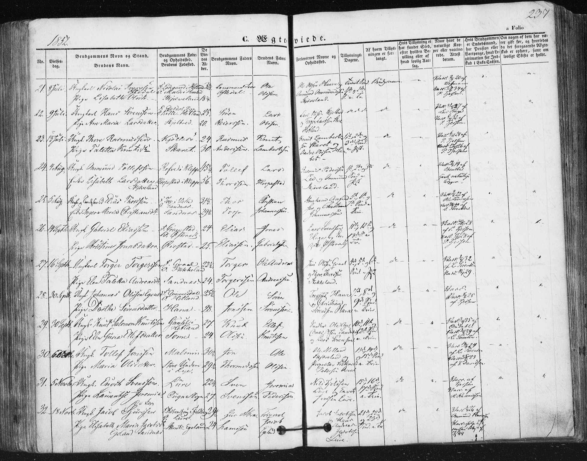 Høyland sokneprestkontor, AV/SAST-A-101799/001/30BA/L0008: Parish register (official) no. A 8, 1841-1856, p. 237