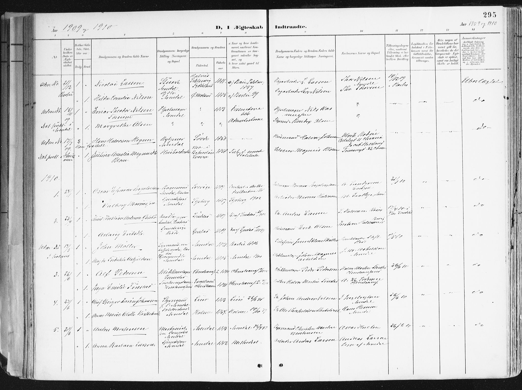 Arendal sokneprestkontor, Trefoldighet, SAK/1111-0040/F/Fa/L0010: Parish register (official) no. A 10, 1900-1919, p. 295