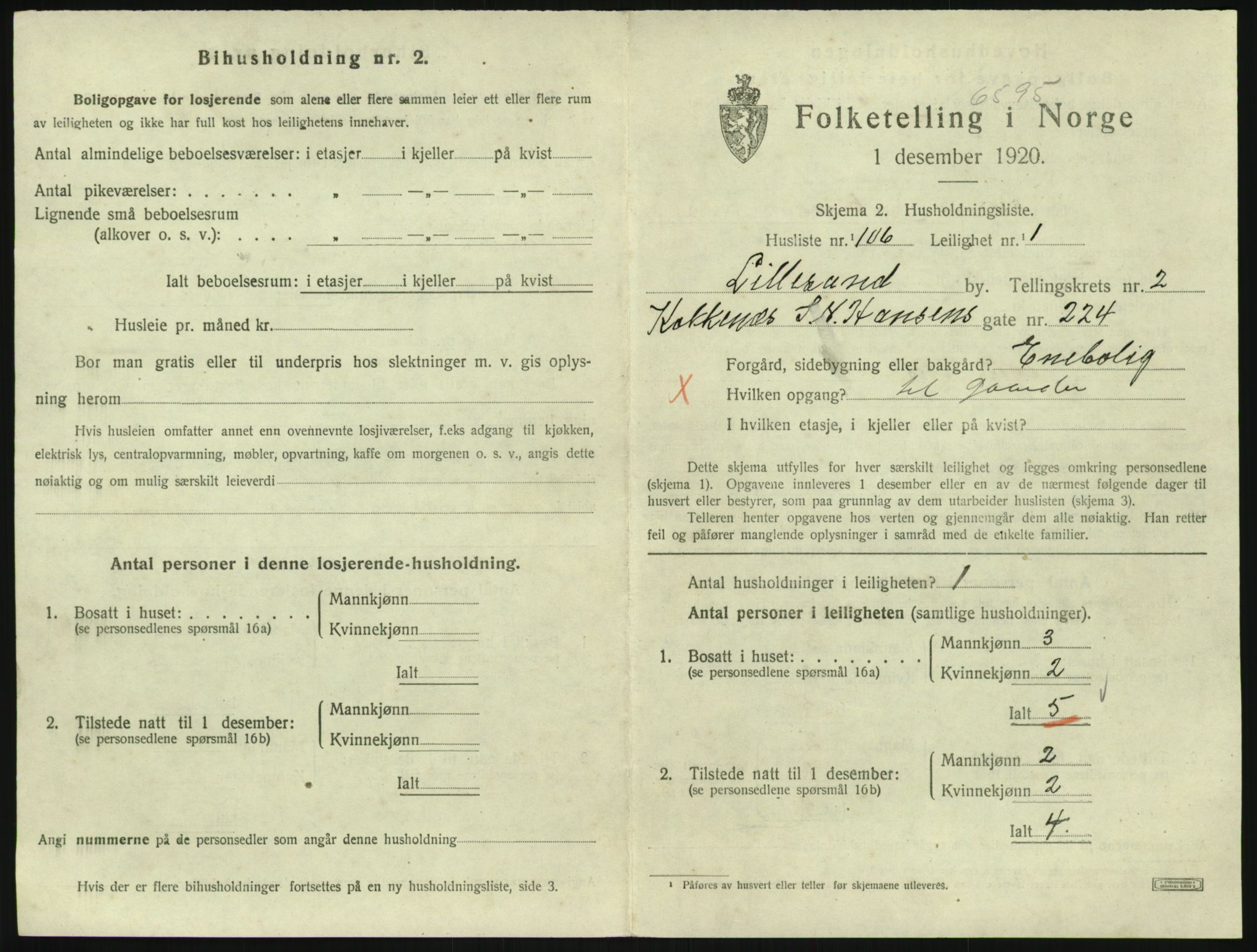 SAK, 1920 census for Lillesand, 1920, p. 1109