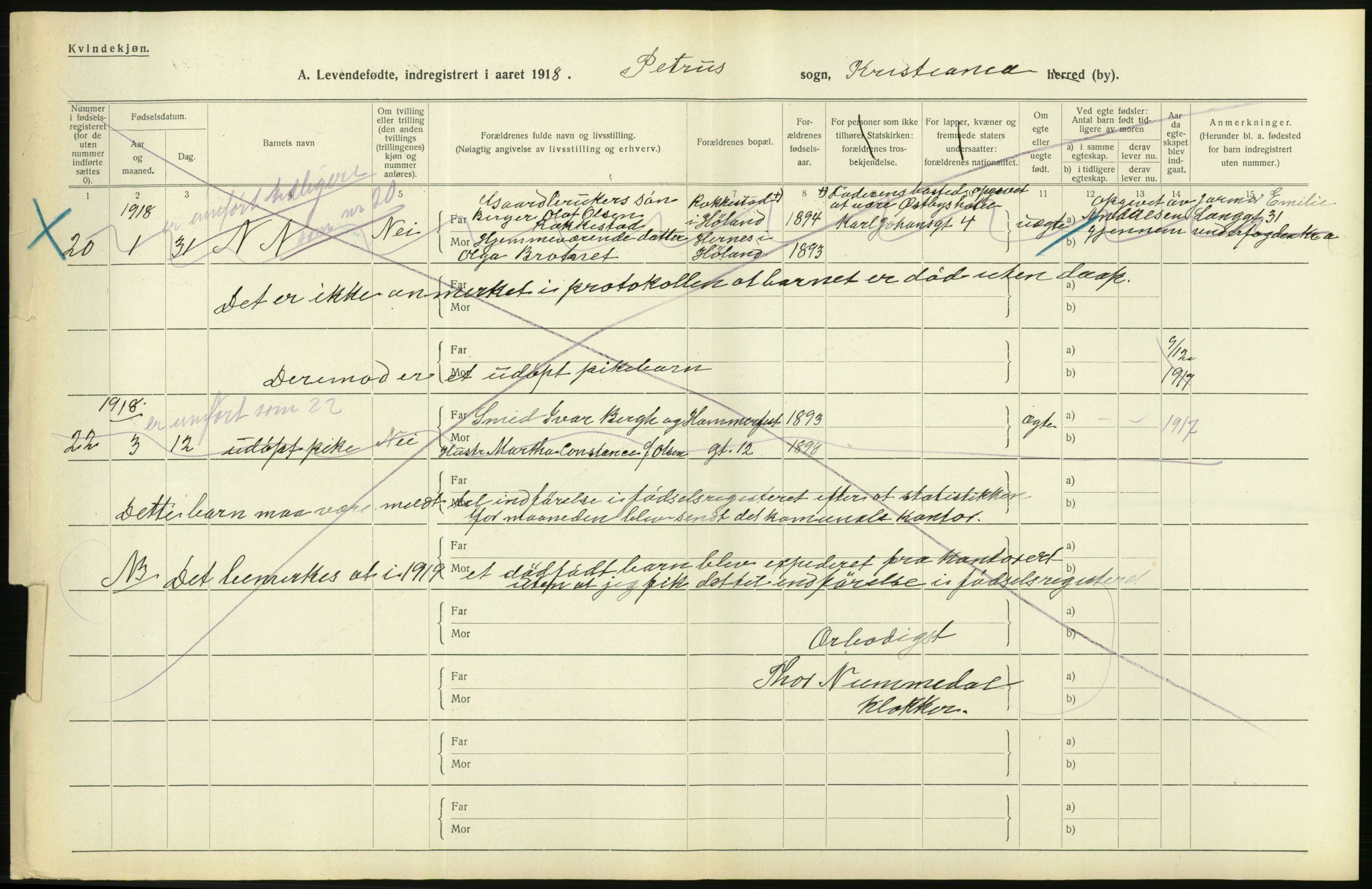 Statistisk sentralbyrå, Sosiodemografiske emner, Befolkning, RA/S-2228/D/Df/Dfb/Dfbh/L0007: Kristiania: Levendefødte menn og kvinner., 1918, p. 576