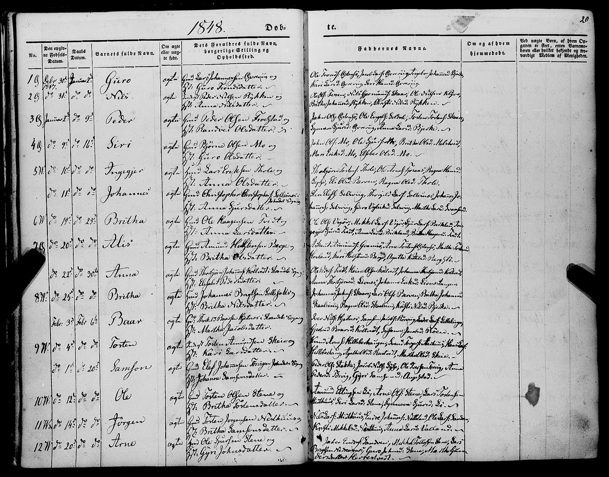 Kvam sokneprestembete, AV/SAB-A-76201/H/Haa: Parish register (official) no. A 8, 1844-1863, p. 20