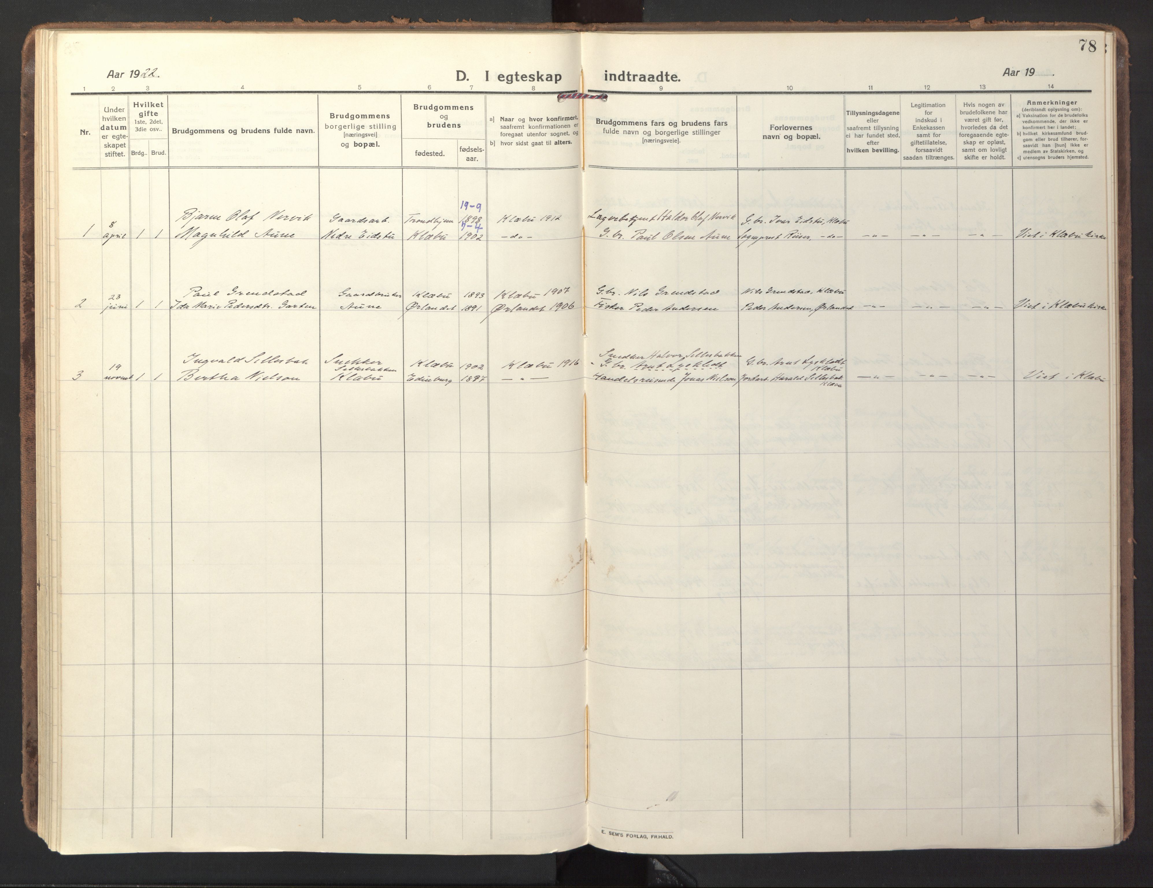 Ministerialprotokoller, klokkerbøker og fødselsregistre - Sør-Trøndelag, SAT/A-1456/618/L0449: Parish register (official) no. 618A12, 1917-1924, p. 78