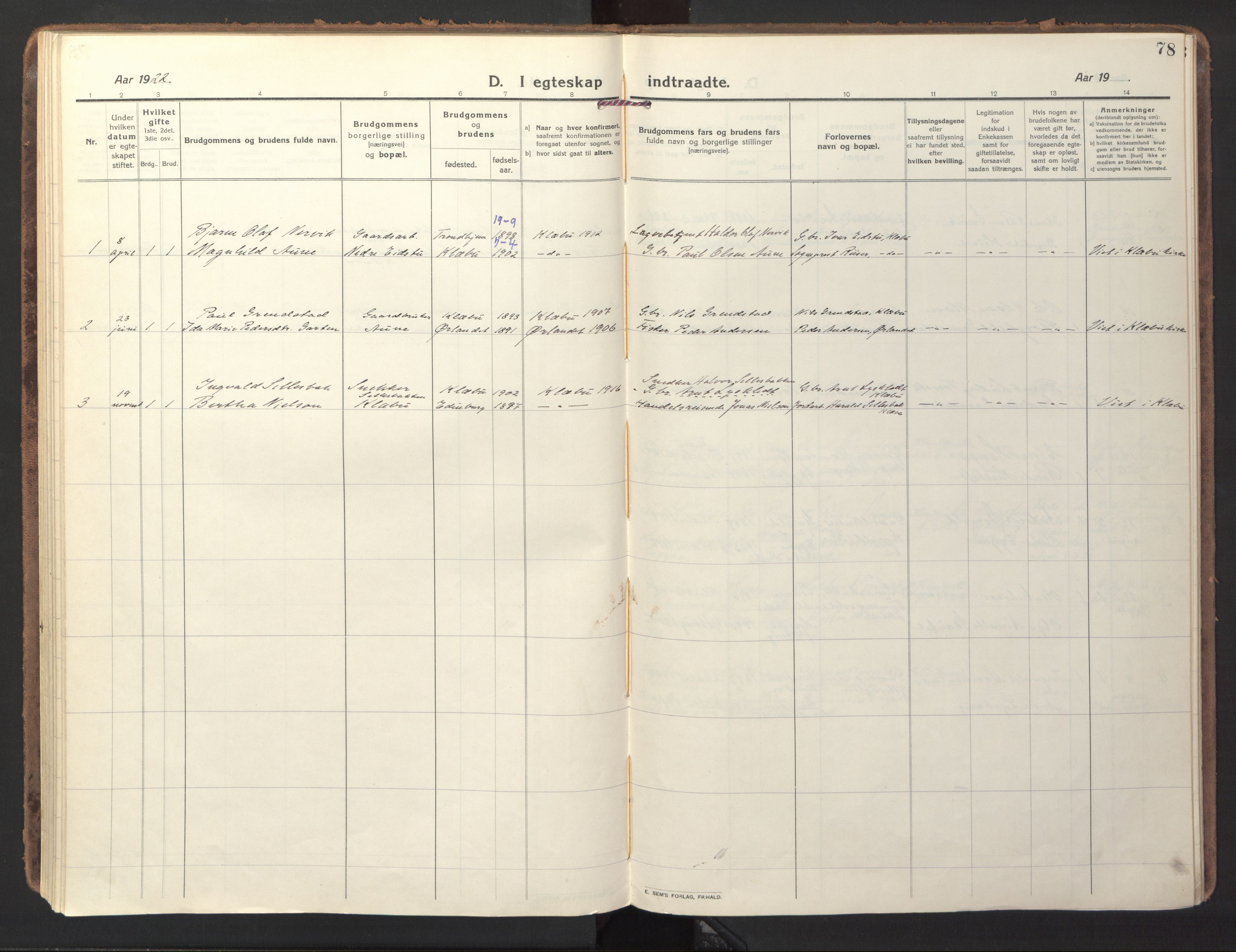 Ministerialprotokoller, klokkerbøker og fødselsregistre - Sør-Trøndelag, AV/SAT-A-1456/618/L0449: Parish register (official) no. 618A12, 1917-1924, p. 78