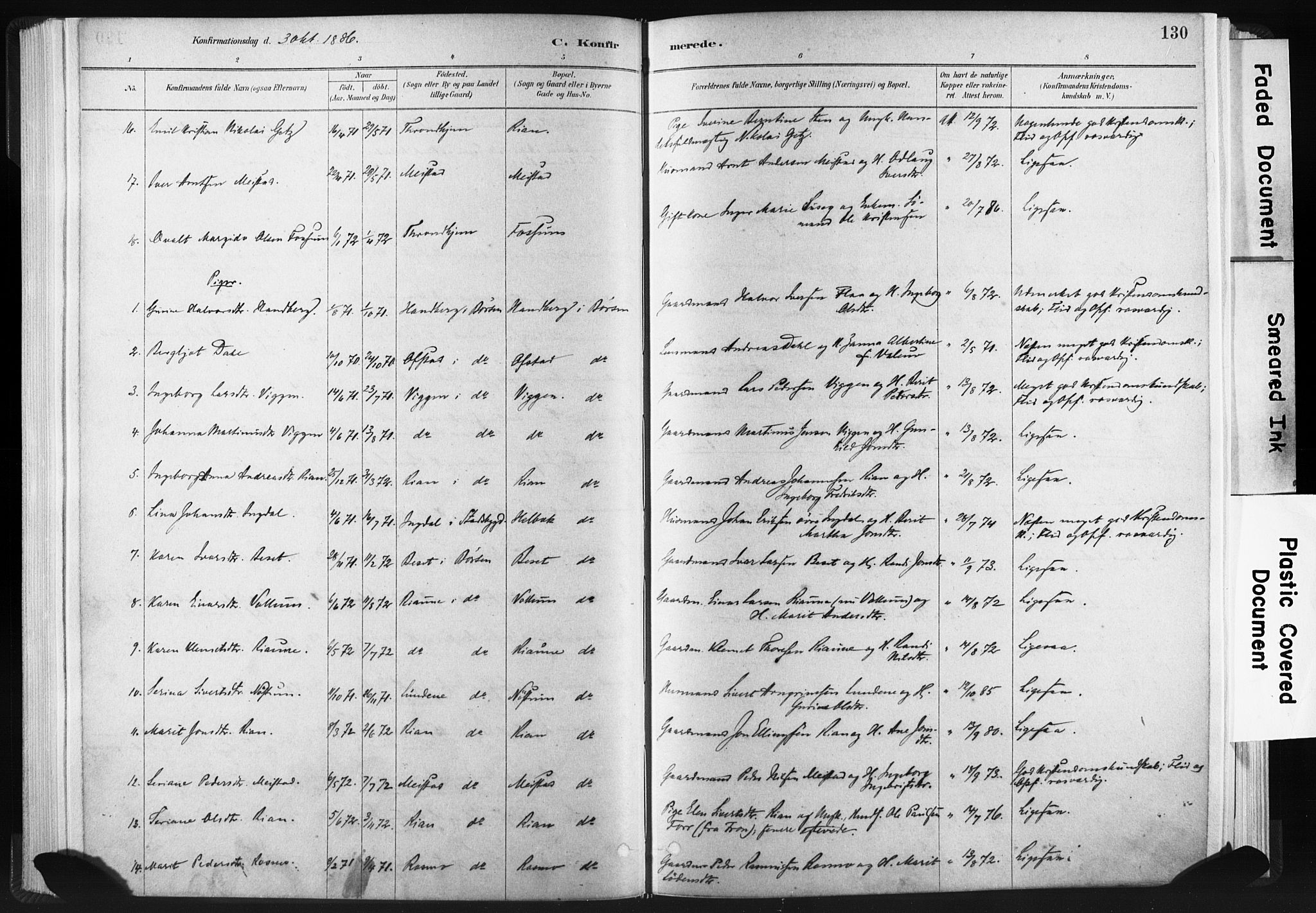 Ministerialprotokoller, klokkerbøker og fødselsregistre - Sør-Trøndelag, AV/SAT-A-1456/665/L0773: Parish register (official) no. 665A08, 1879-1905, p. 130