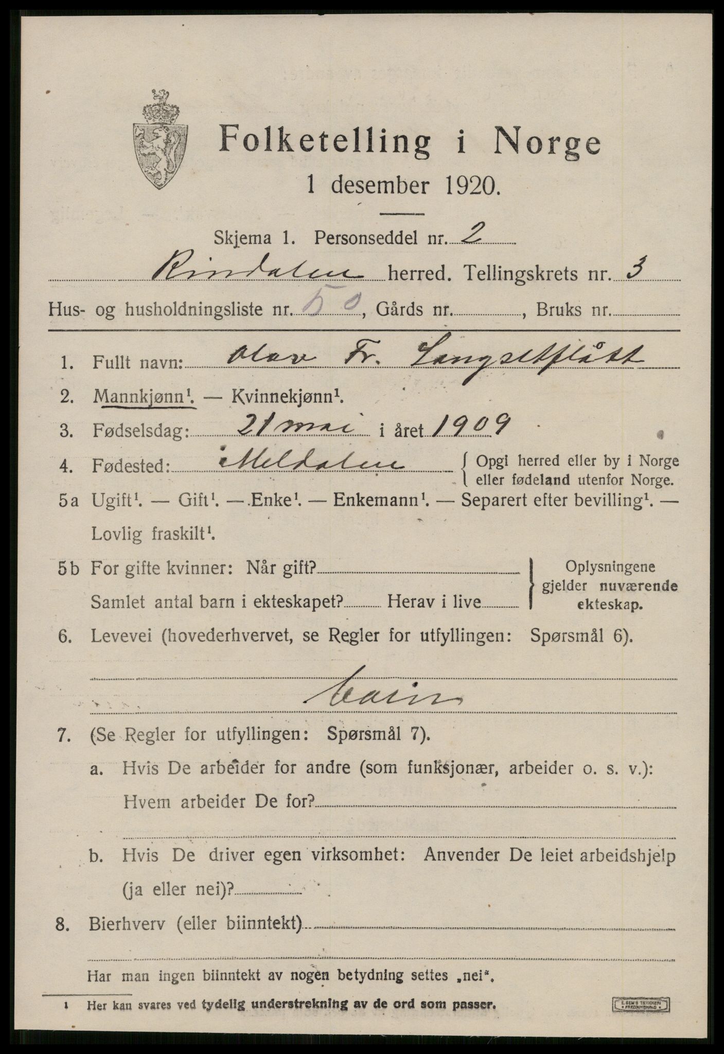 SAT, 1920 census for Rindal, 1920, p. 2306