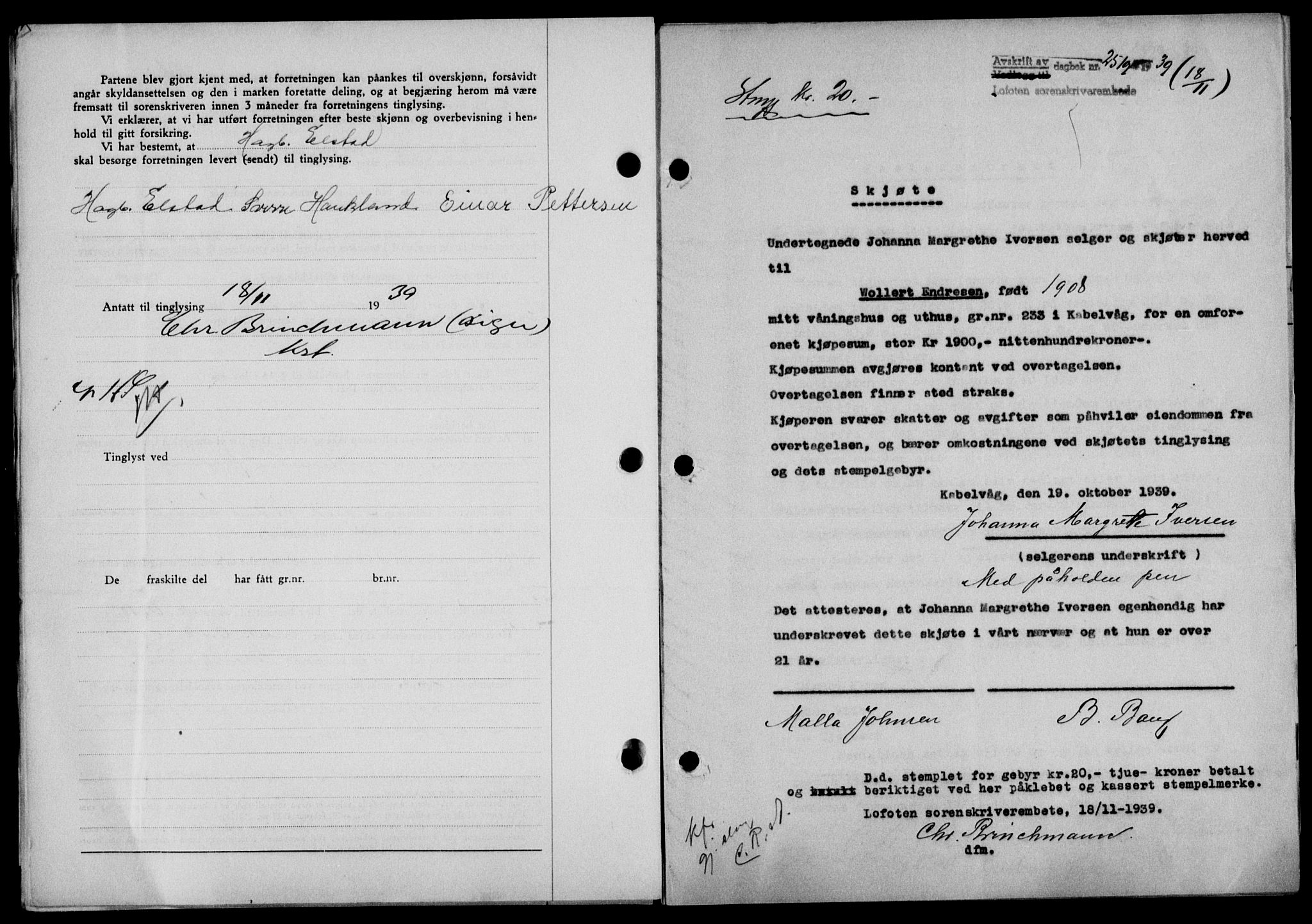 Lofoten sorenskriveri, SAT/A-0017/1/2/2C/L0006a: Mortgage book no. 6a, 1939-1939, Diary no: : 2519/1939