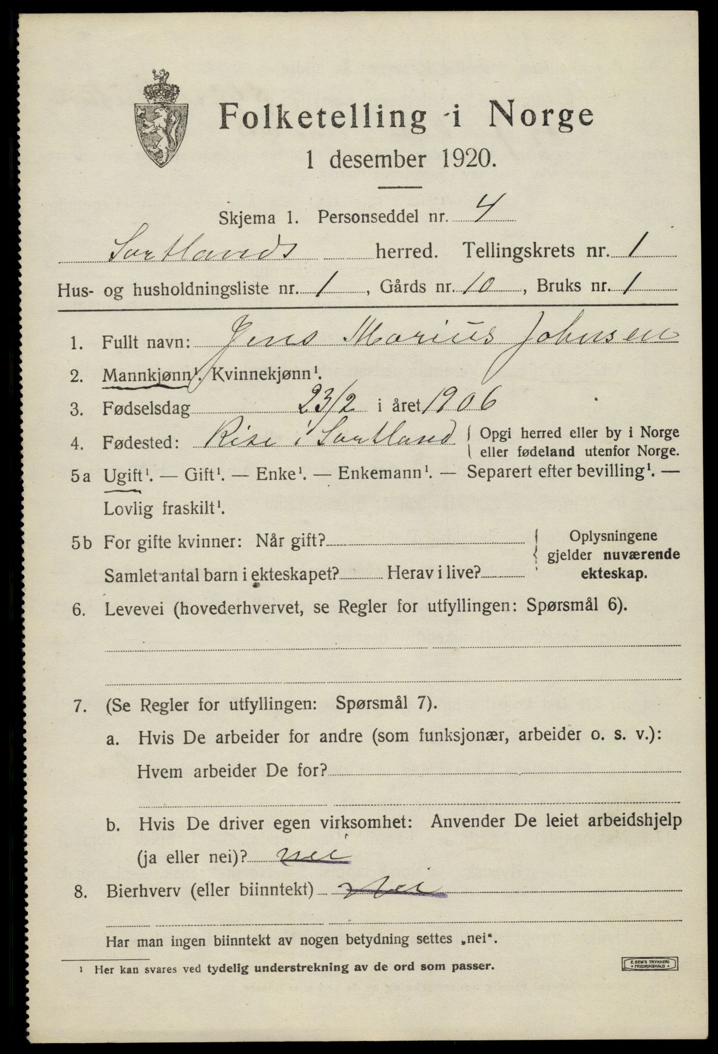 SAT, 1920 census for Sortland, 1920, p. 1562