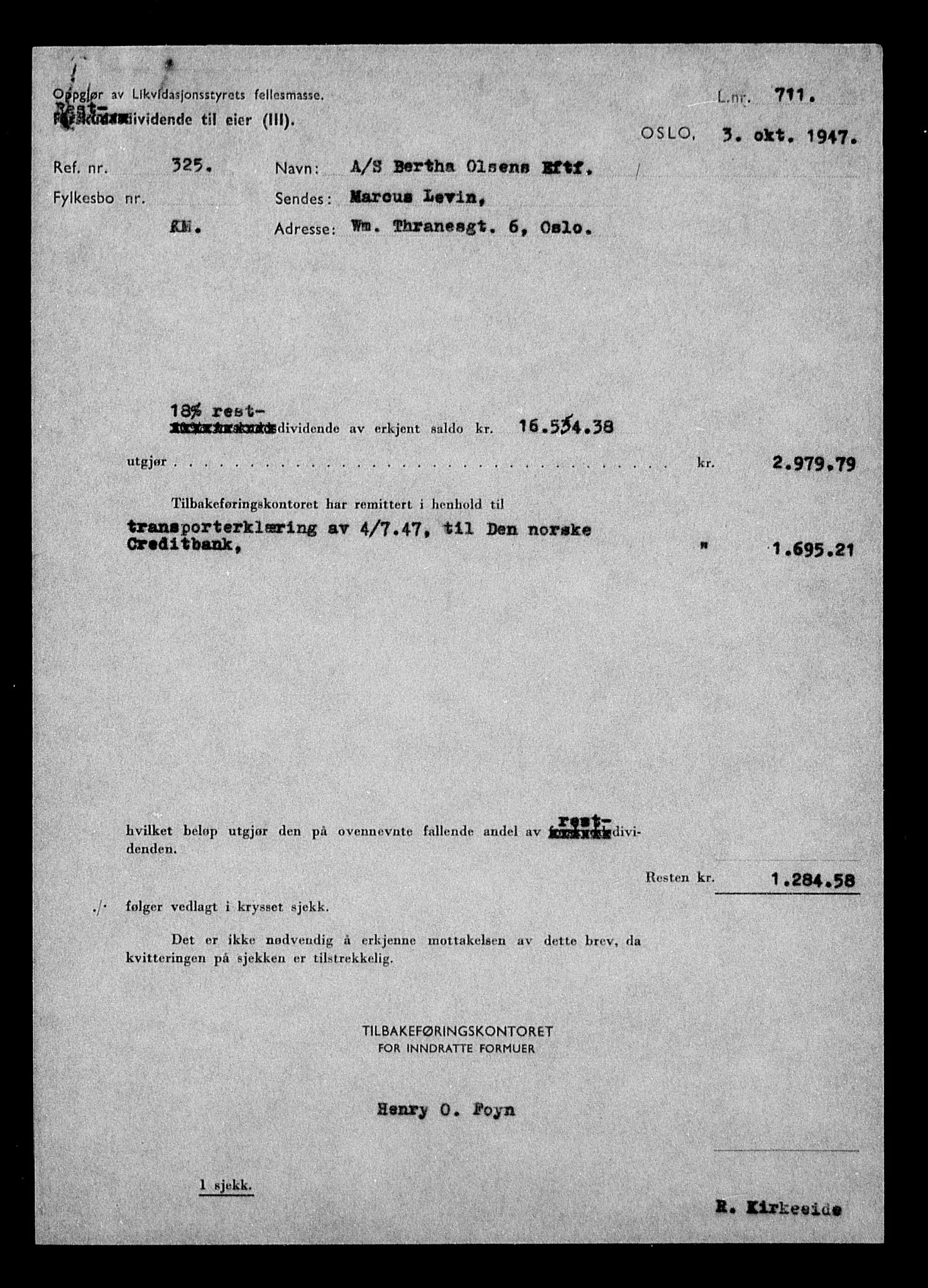 Justisdepartementet, Tilbakeføringskontoret for inndratte formuer, AV/RA-S-1564/H/Hc/Hcc/L0957: --, 1945-1947, p. 443