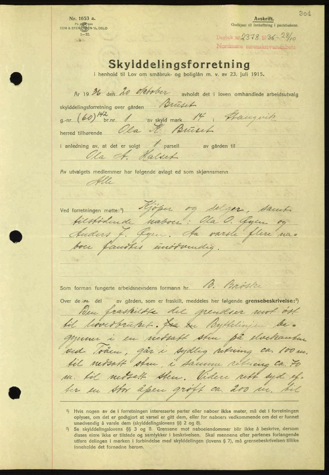 Nordmøre sorenskriveri, AV/SAT-A-4132/1/2/2Ca: Mortgage book no. A80, 1936-1937, Diary no: : 2378/1936