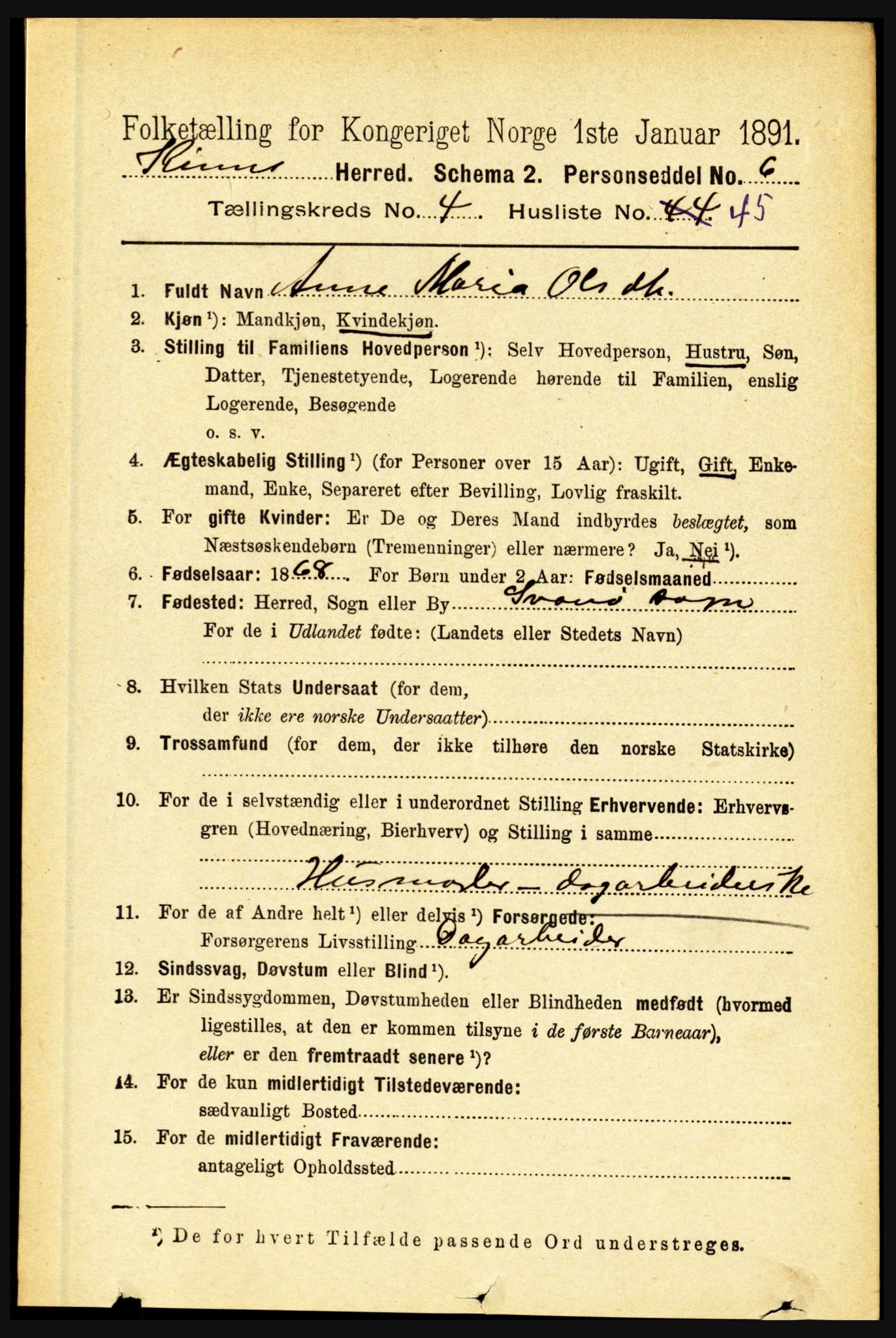 RA, 1891 census for 1437 Kinn, 1891, p. 1596