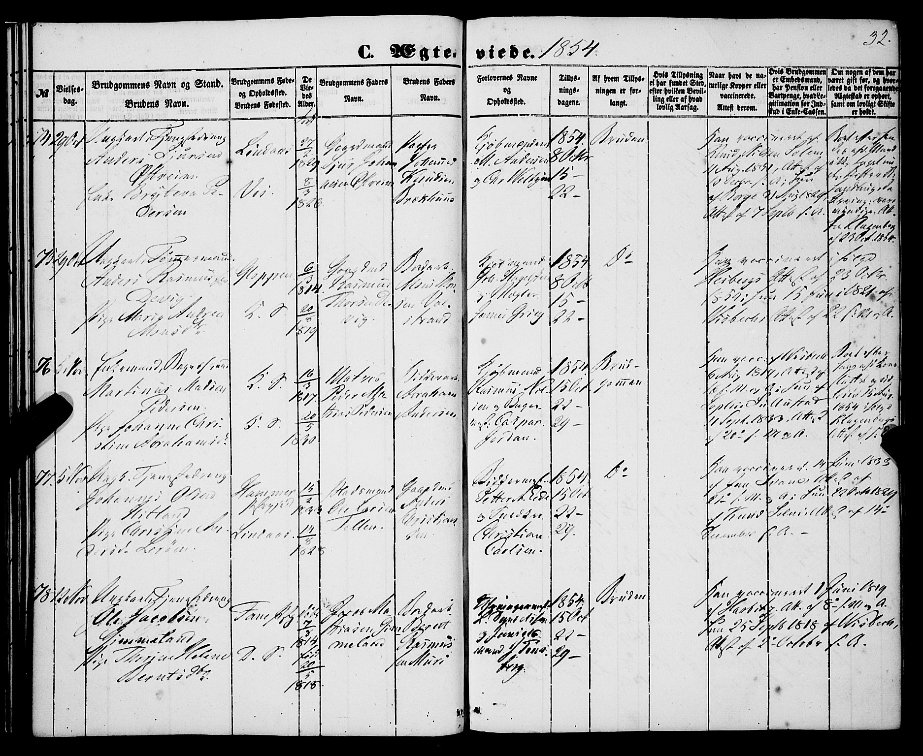 Korskirken sokneprestembete, AV/SAB-A-76101/H/Haa/L0035: Parish register (official) no. D 2, 1852-1867, p. 32