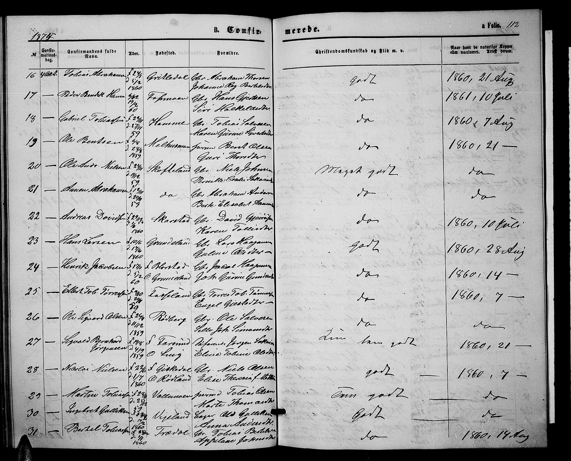 Sør-Audnedal sokneprestkontor, AV/SAK-1111-0039/F/Fb/Fbb/L0004: Parish register (copy) no. B 4, 1868-1879, p. 112