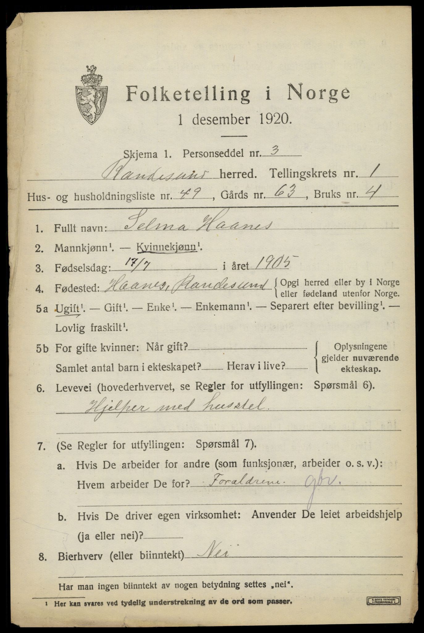 SAK, 1920 census for Randesund, 1920, p. 1064