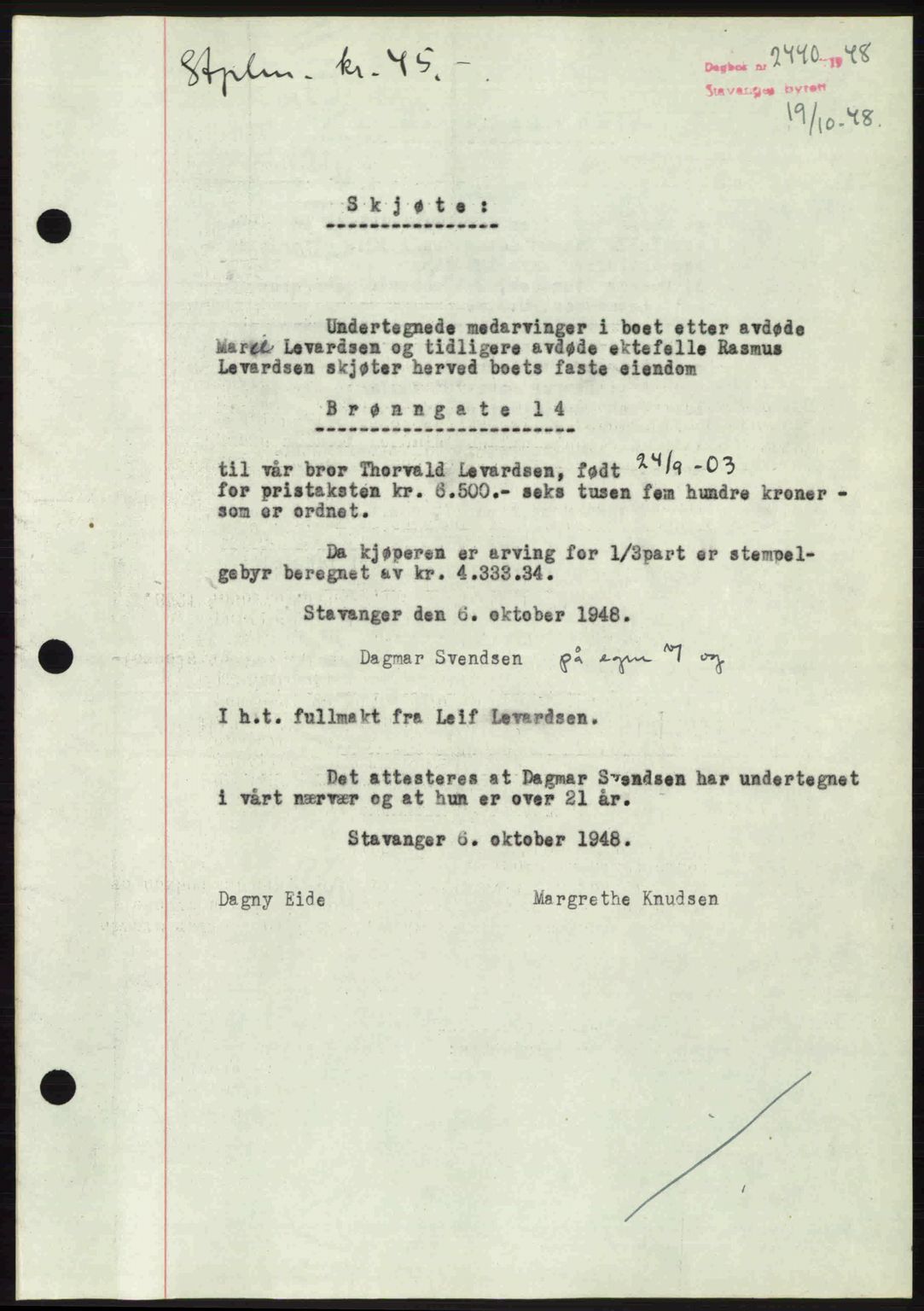 Stavanger byrett, SAST/A-100455/002/G/Gb/L0023: Mortgage book no. A12, 1948-1949, Diary no: : 2440/1948