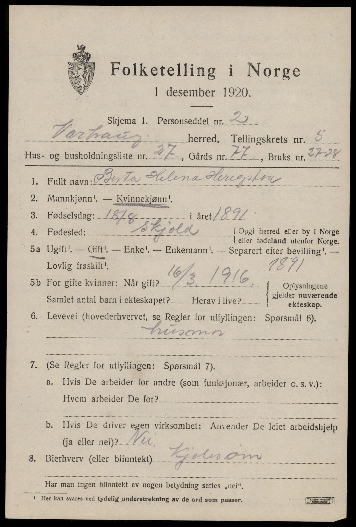 SAST, 1920 census for Varhaug, 1920, p. 4759