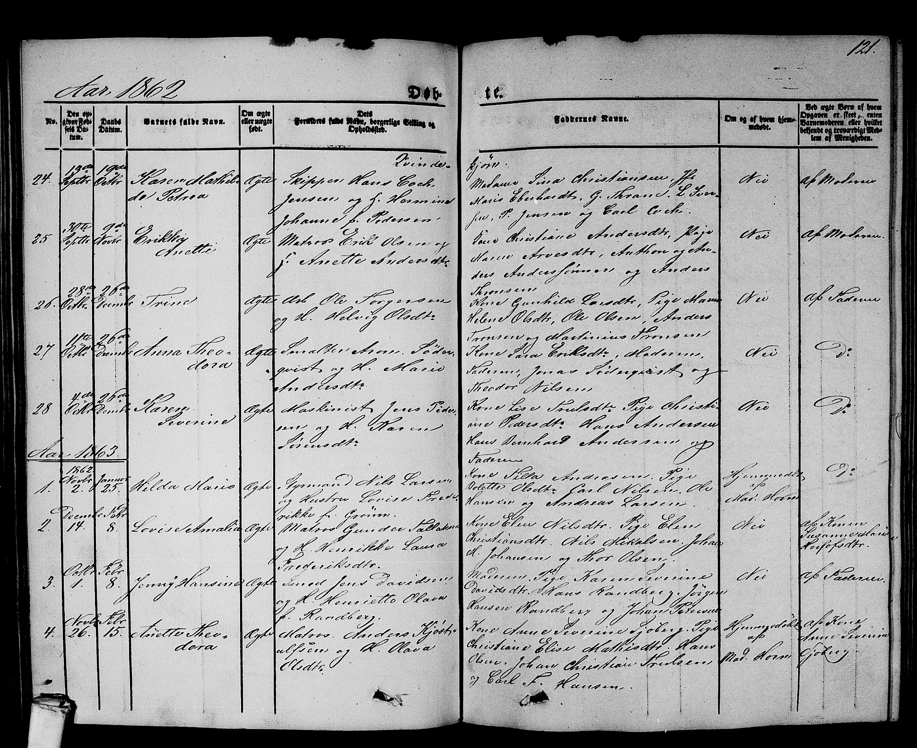 Larvik kirkebøker, SAKO/A-352/G/Gb/L0002: Parish register (copy) no. II 2, 1843-1866, p. 121