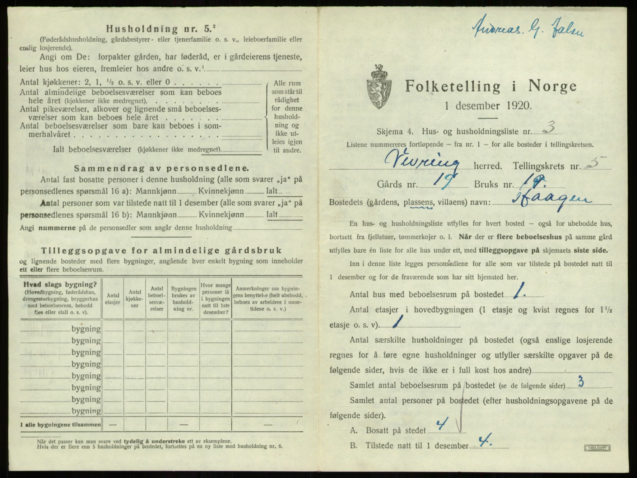 SAB, 1920 census for Vevring, 1920, p. 207