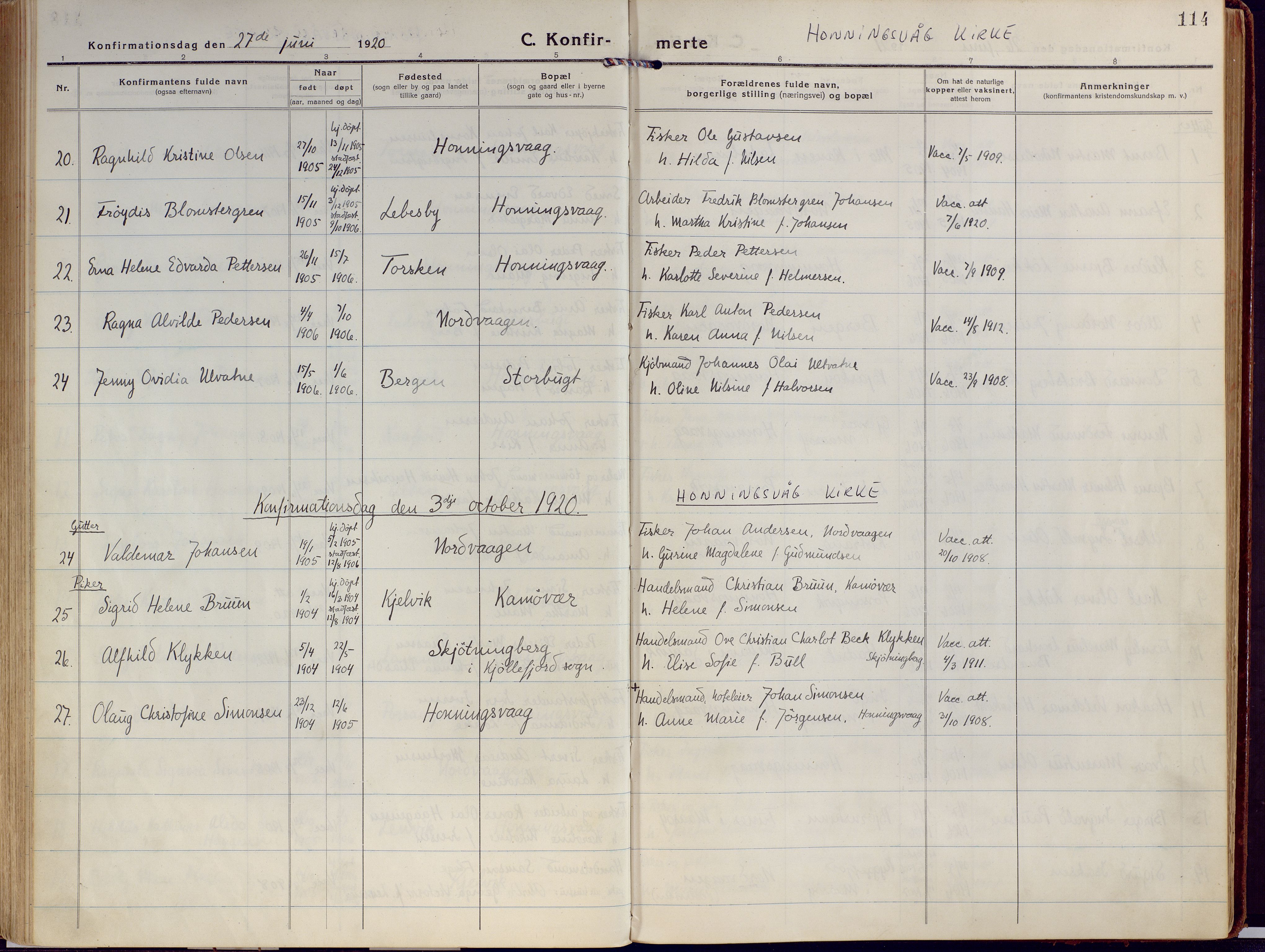 Kjelvik/Nordkapp sokneprestkontor, AV/SATØ-S-1350/H/Ha/L0002kirke: Parish register (official) no. 2, 1920-1929, p. 114