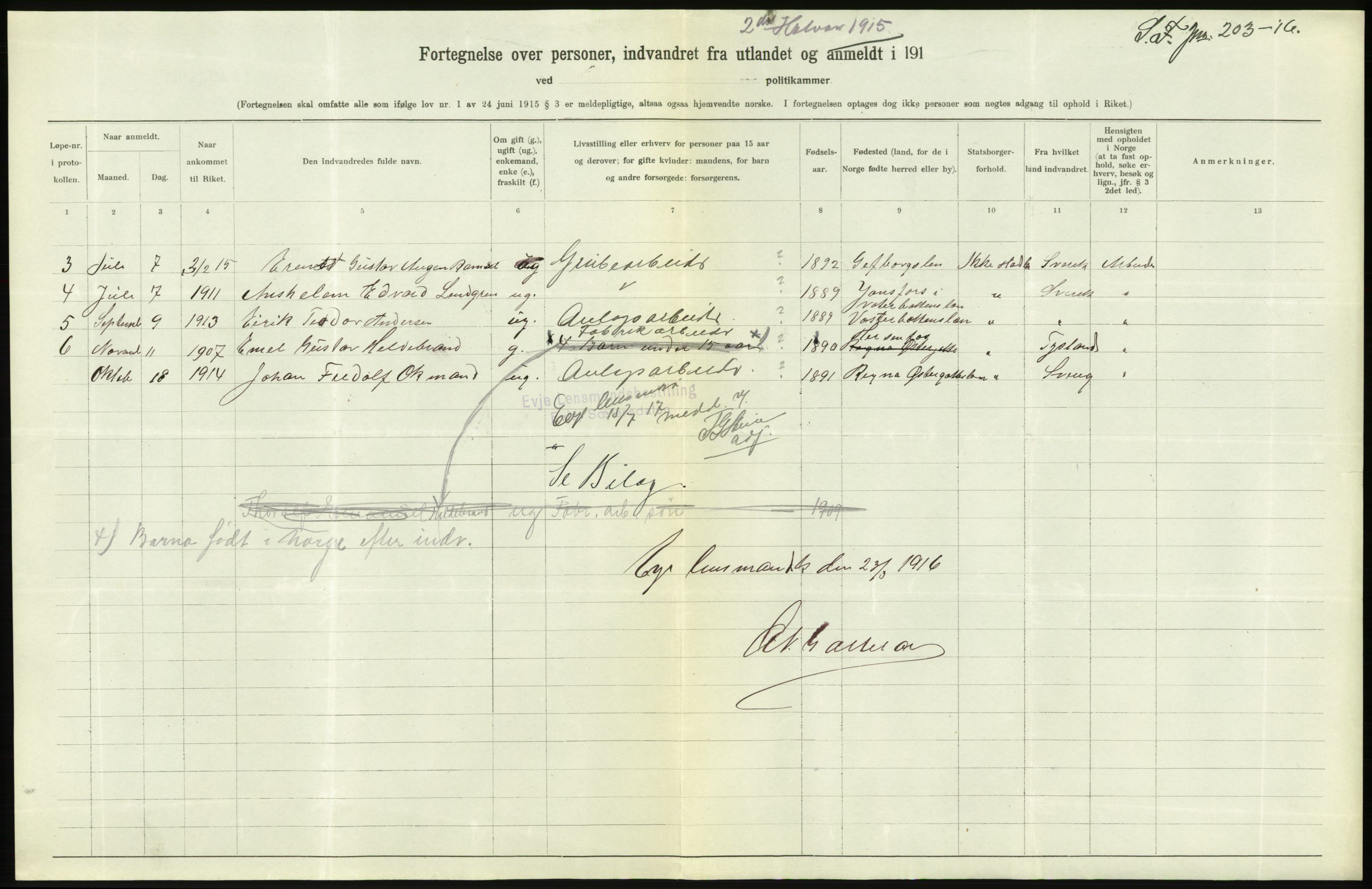 Statistisk sentralbyrå, Sosioøkonomiske emner, Folketellinger, boliger og boforhold, AV/RA-S-2231/F/Fa/L0001: Innvandring. Navn/fylkesvis, 1915, p. 51