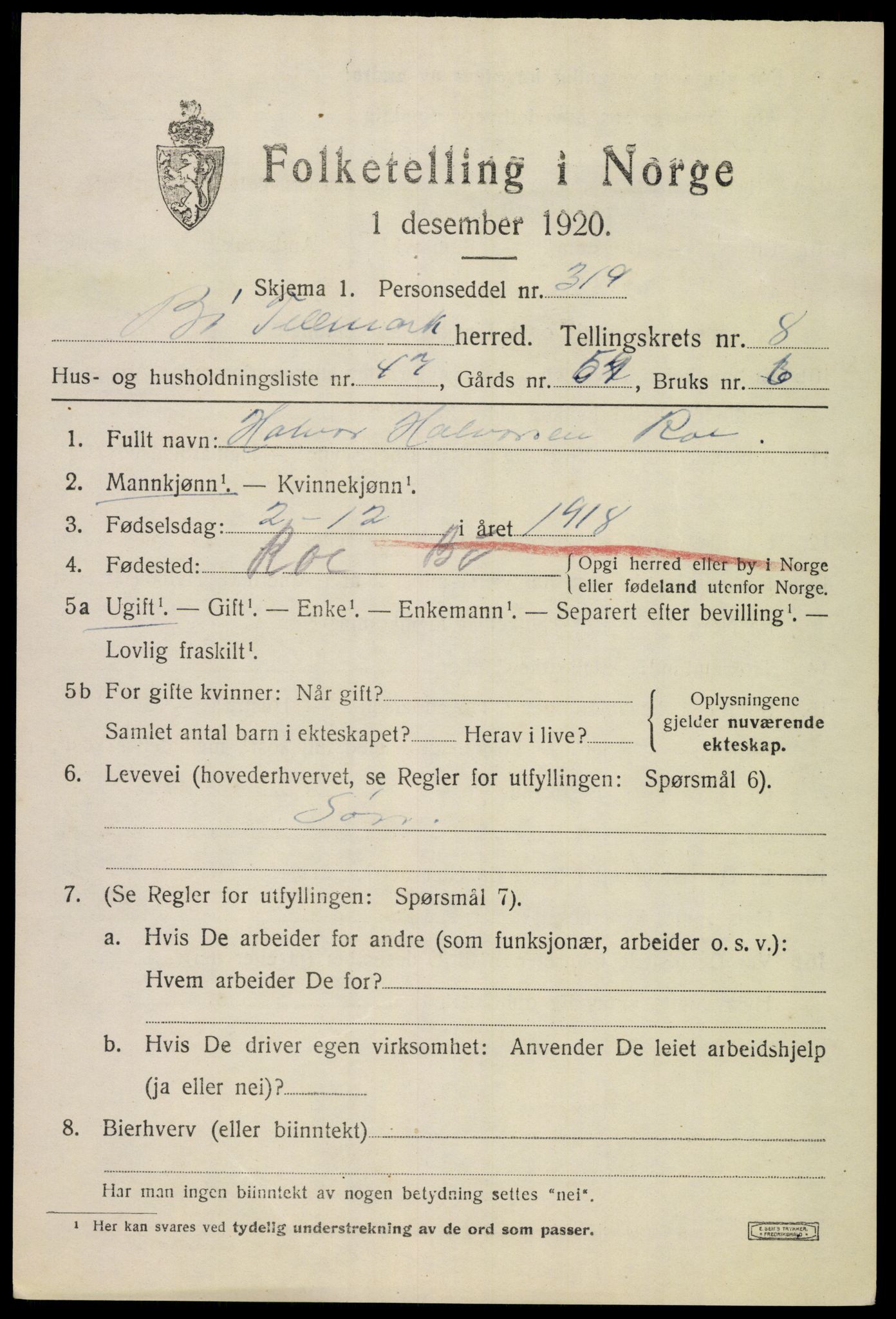 SAKO, 1920 census for Bø (Telemark), 1920, p. 6390