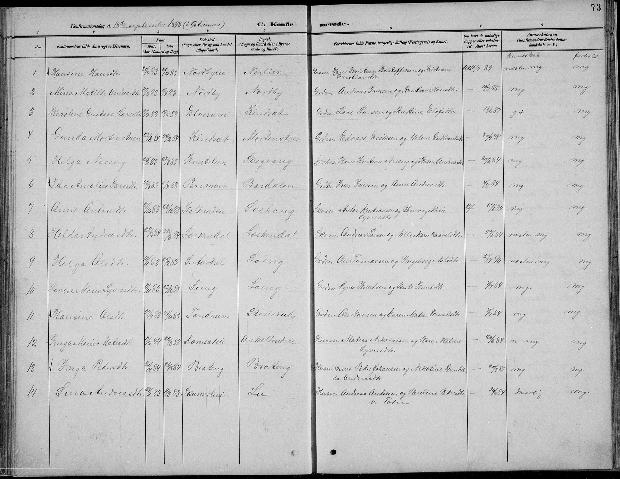 Nordre Land prestekontor, SAH/PREST-124/H/Ha/Hab/L0013: Parish register (copy) no. 13, 1891-1904, p. 73