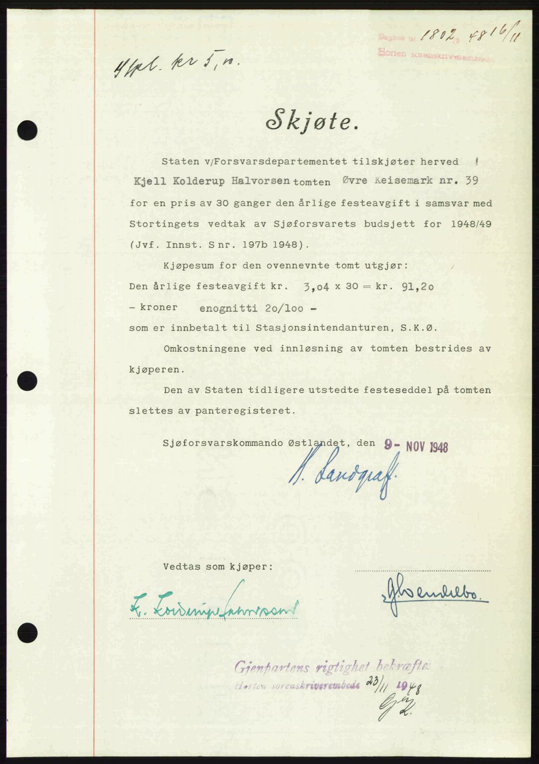 Horten sorenskriveri, AV/SAKO-A-133/G/Ga/Gaa/L0011: Mortgage book no. A-11, 1948-1948, Diary no: : 1802/1948