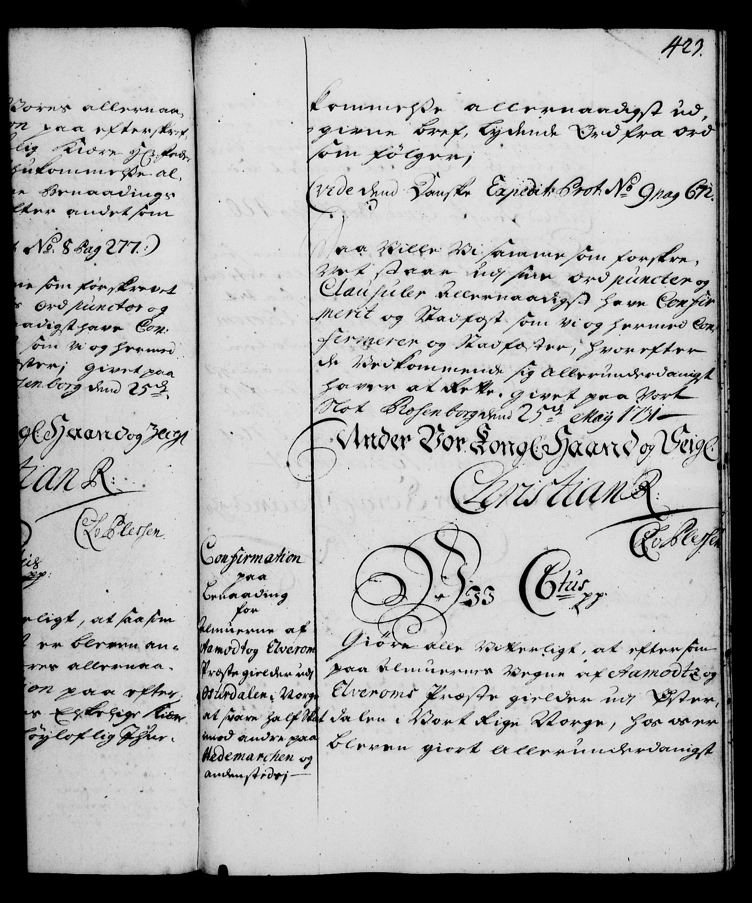 Rentekammeret, Kammerkanselliet, RA/EA-3111/G/Gg/Gga/L0003: Norsk ekspedisjonsprotokoll med register (merket RK 53.3), 1727-1734, p. 423
