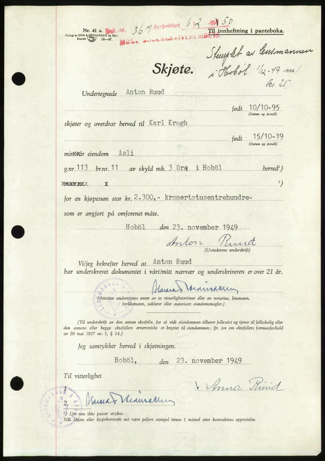 Moss sorenskriveri, SAO/A-10168: Mortgage book no. A25, 1950-1950, Diary no: : 367/1950