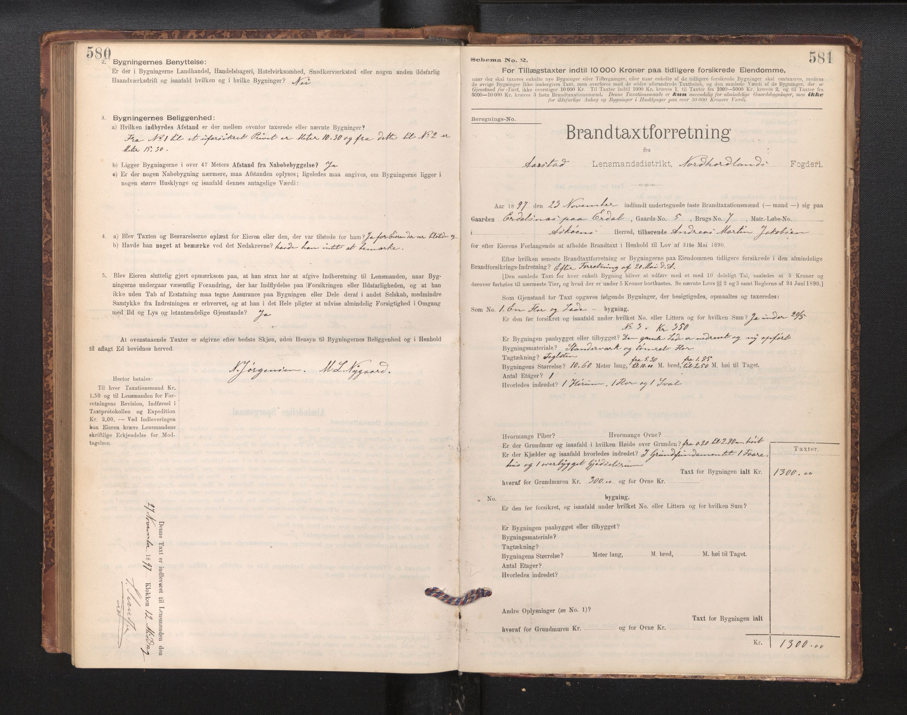 Lensmannen i Årstad, AV/SAB-A-36201/0012/L0011: Branntakstprotokoll,skjematakst, 1895-1901, p. 580-581