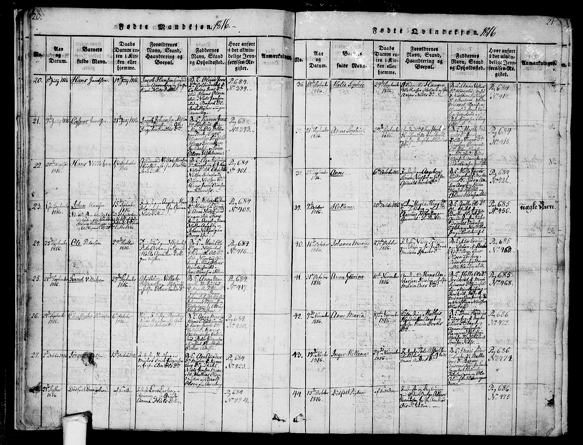 Råde prestekontor kirkebøker, AV/SAO-A-2009/F/Fa/L0004: Parish register (official) no. 4, 1814-1830, p. 20-21