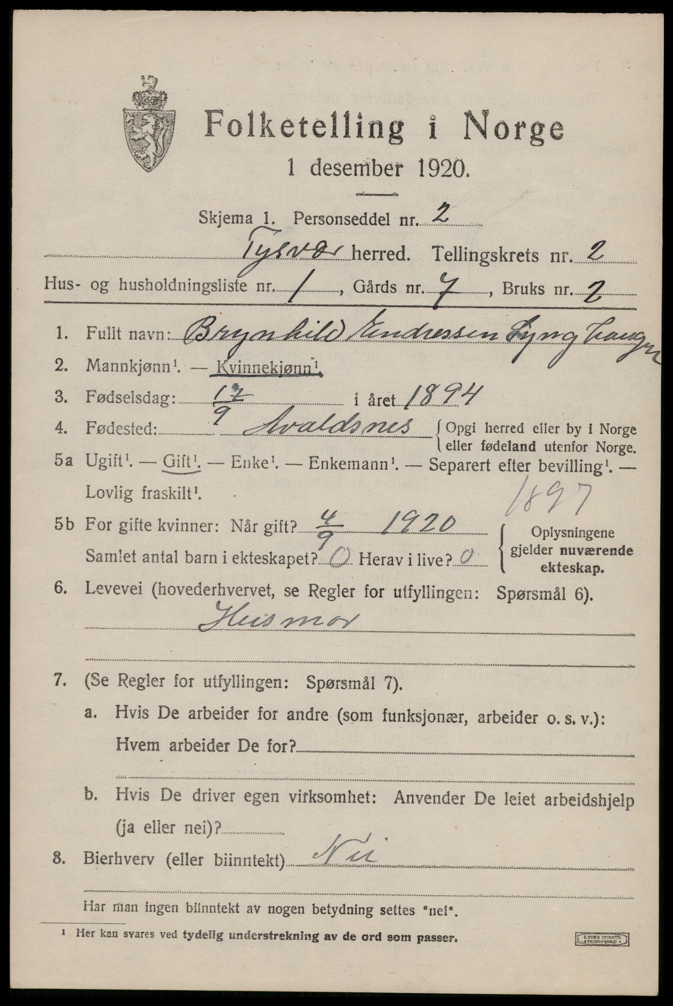 SAST, 1920 census for Tysvær, 1920, p. 1166