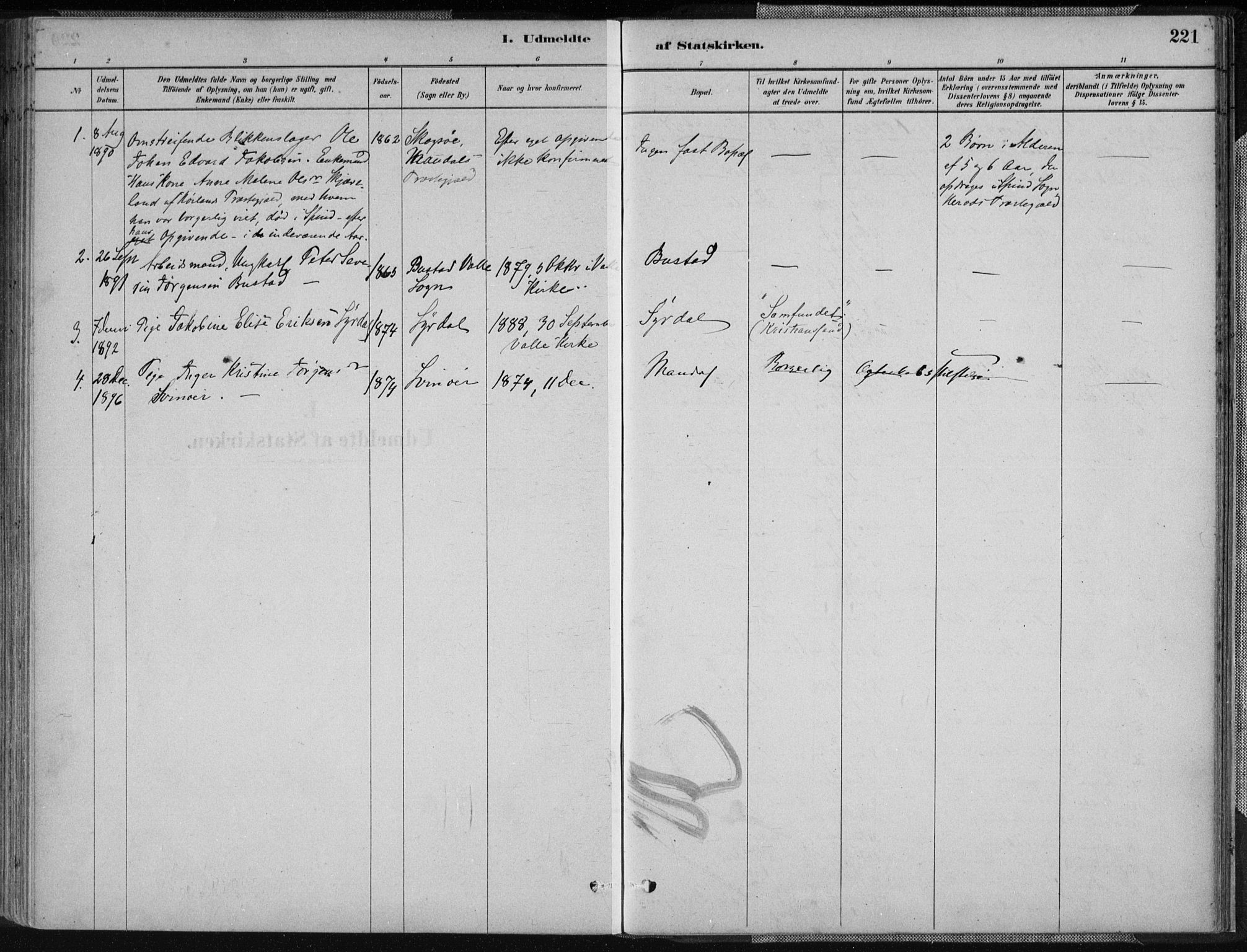 Sør-Audnedal sokneprestkontor, SAK/1111-0039/F/Fa/Fab/L0009: Parish register (official) no. A 9, 1880-1895, p. 221