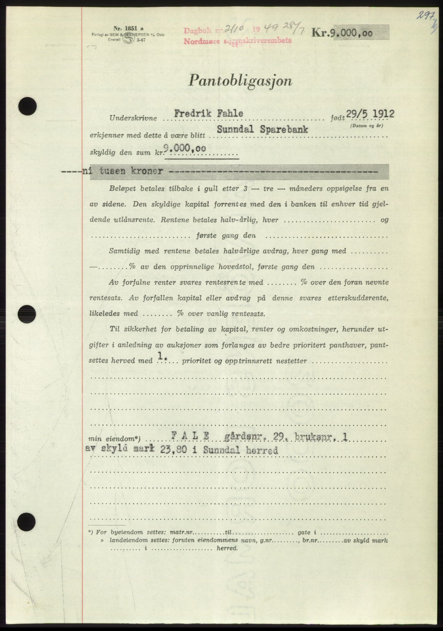 Nordmøre sorenskriveri, AV/SAT-A-4132/1/2/2Ca: Mortgage book no. B102, 1949-1949, Diary no: : 2110/1949