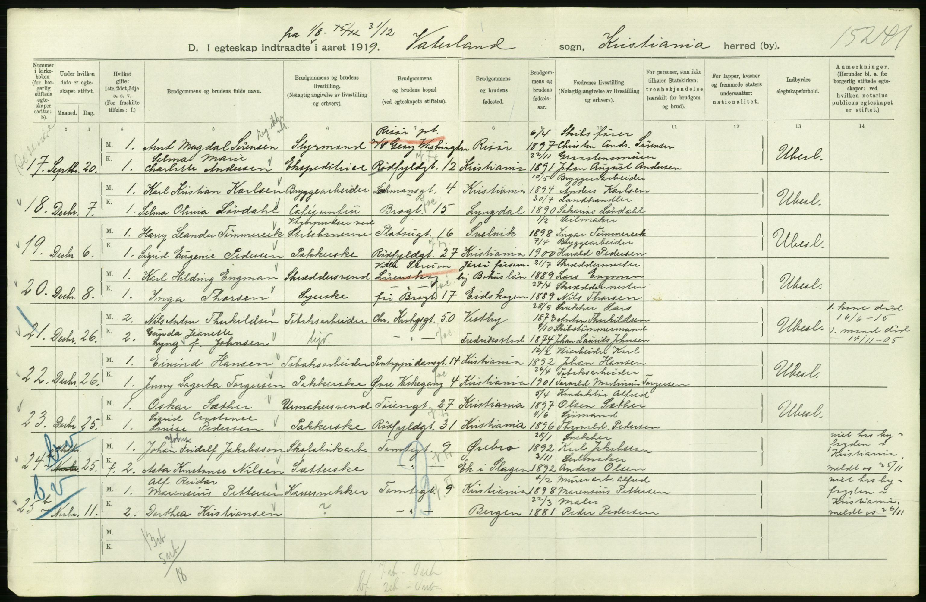 Statistisk sentralbyrå, Sosiodemografiske emner, Befolkning, AV/RA-S-2228/D/Df/Dfb/Dfbi/L0009: Kristiania: Gifte, 1919, p. 834