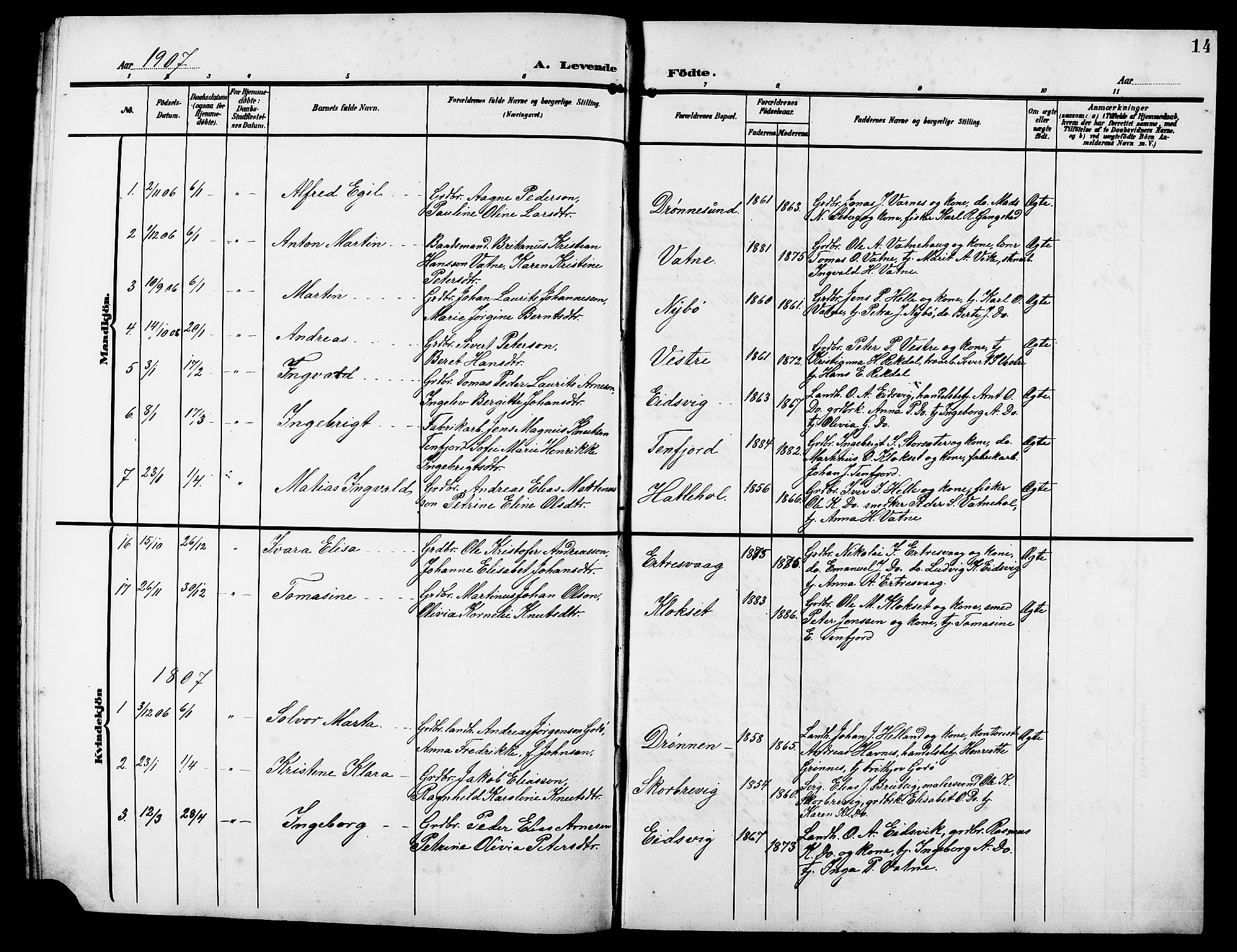 Ministerialprotokoller, klokkerbøker og fødselsregistre - Møre og Romsdal, AV/SAT-A-1454/525/L0377: Parish register (copy) no. 525C03, 1903-1917, p. 14