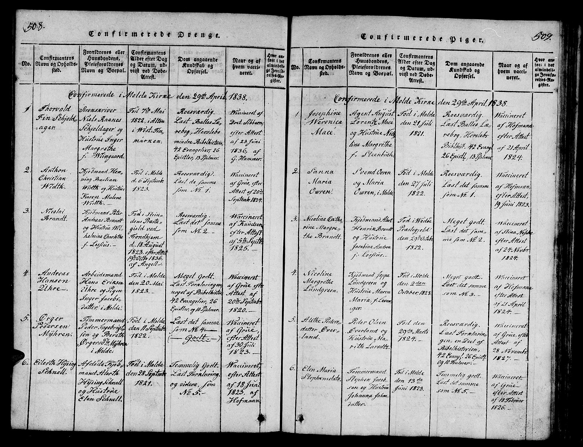 Ministerialprotokoller, klokkerbøker og fødselsregistre - Møre og Romsdal, SAT/A-1454/558/L0700: Parish register (copy) no. 558C01, 1818-1868, p. 508-509