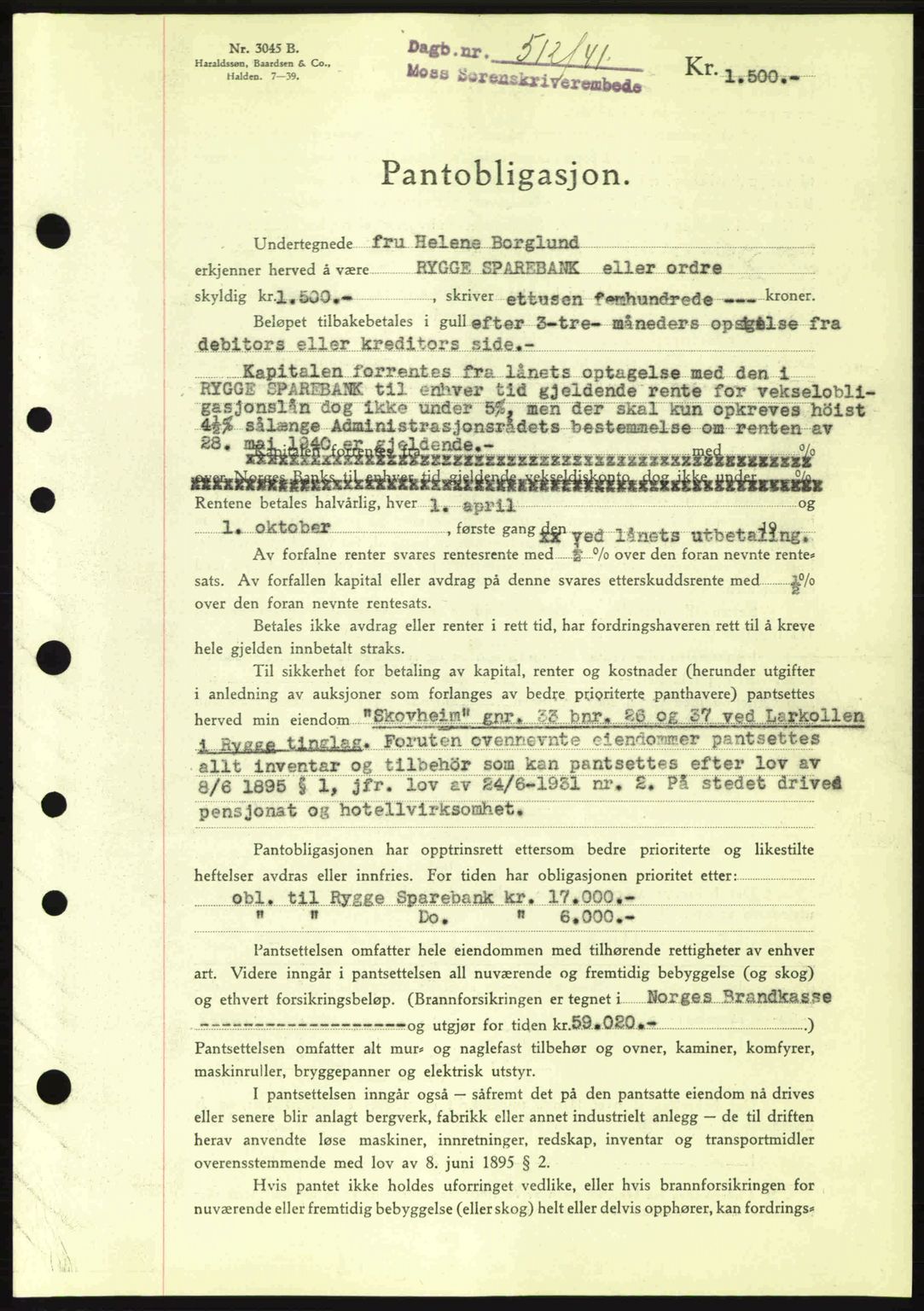 Moss sorenskriveri, SAO/A-10168: Mortgage book no. B10, 1940-1941, Diary no: : 512/1941
