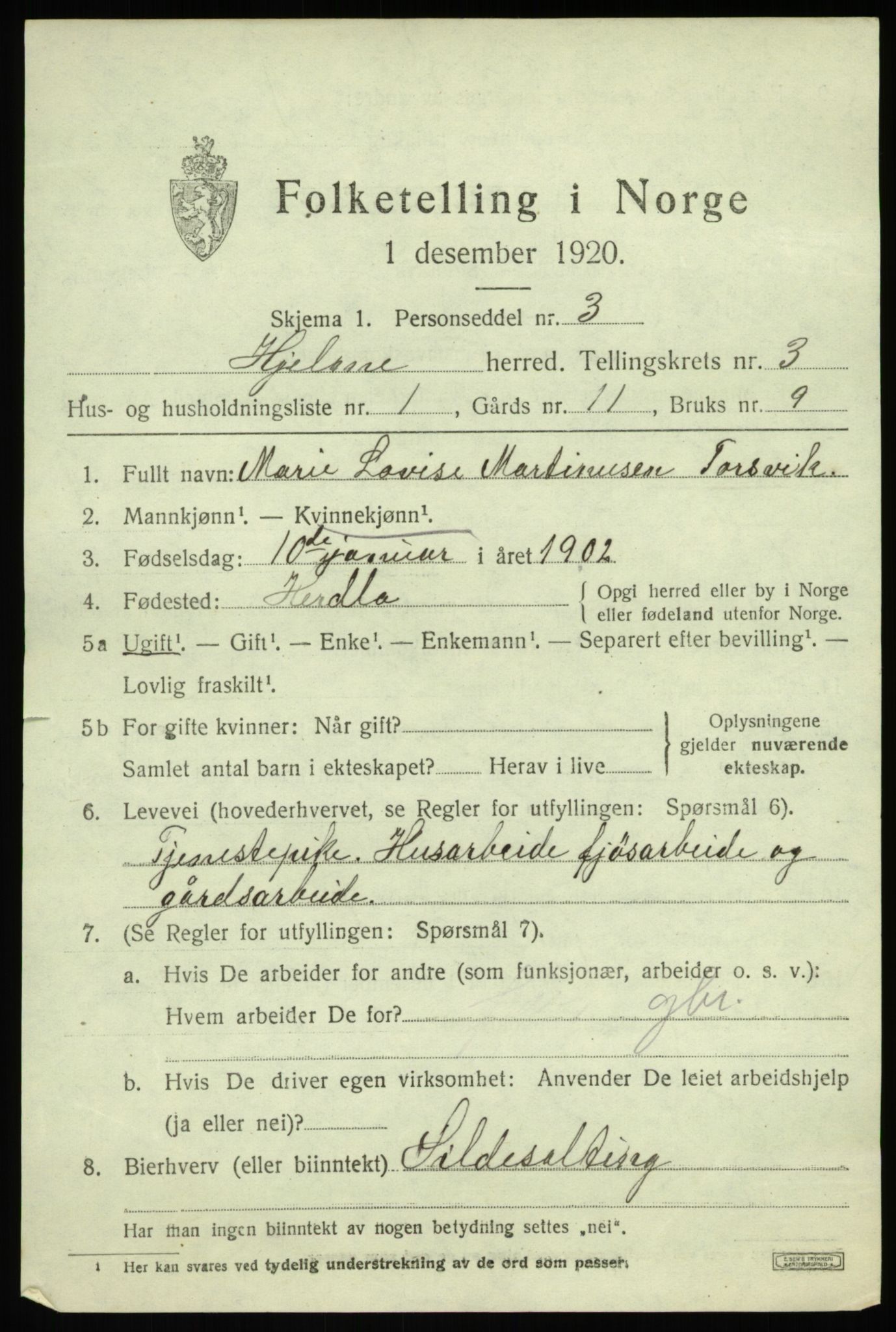 SAB, 1920 census for Hjelme, 1920, p. 1938