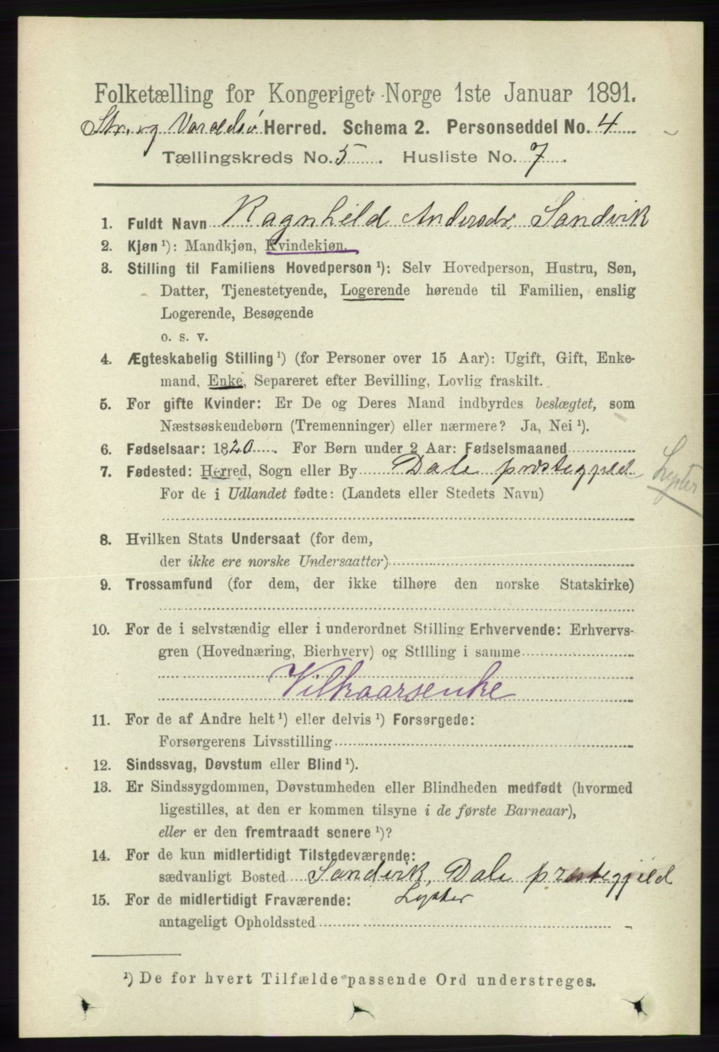 RA, 1891 census for 1226 Strandebarm og Varaldsøy, 1891, p. 1922