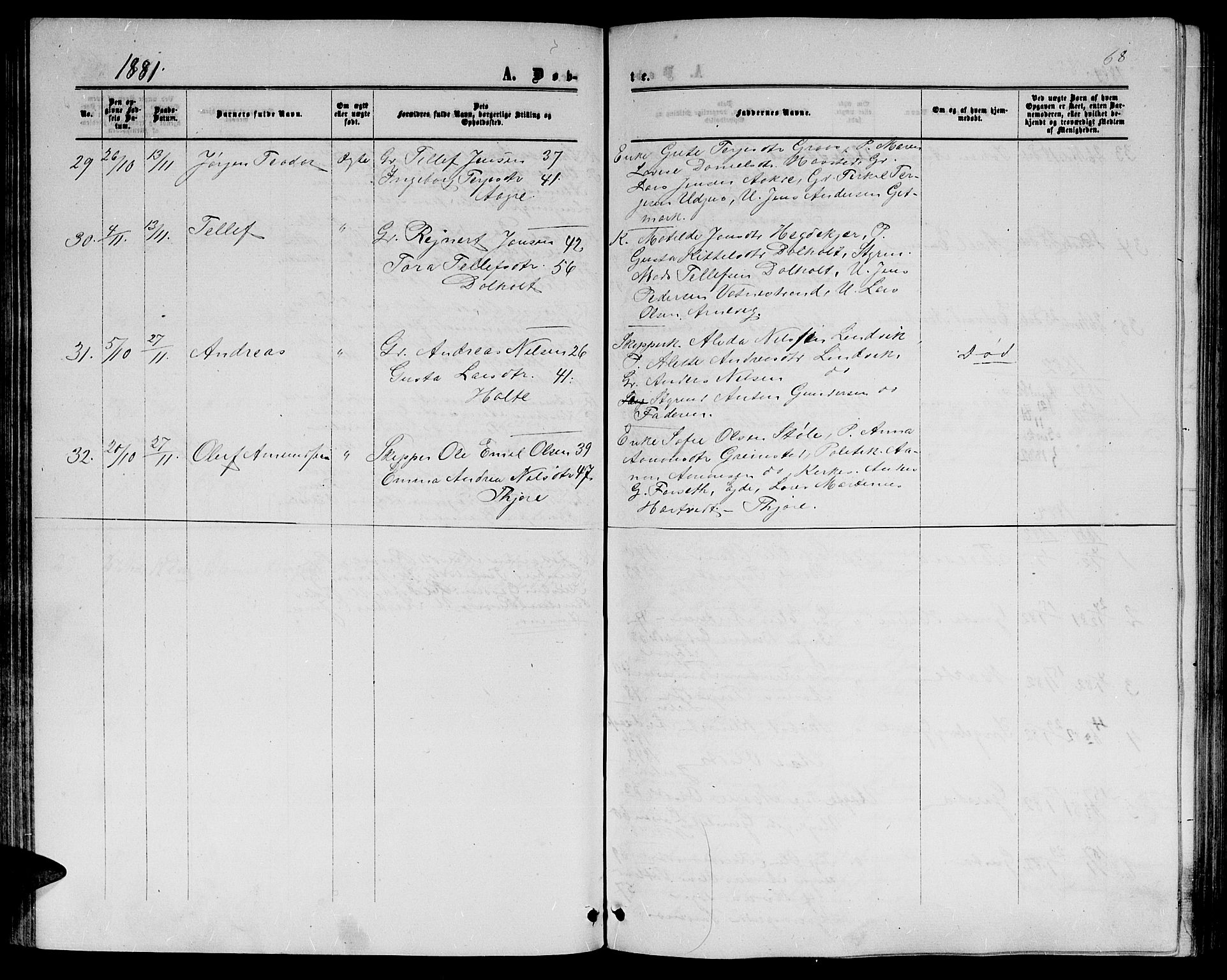 Hommedal sokneprestkontor, SAK/1111-0023/F/Fb/Fbb/L0006: Parish register (copy) no. B 6, 1869-1884, p. 68