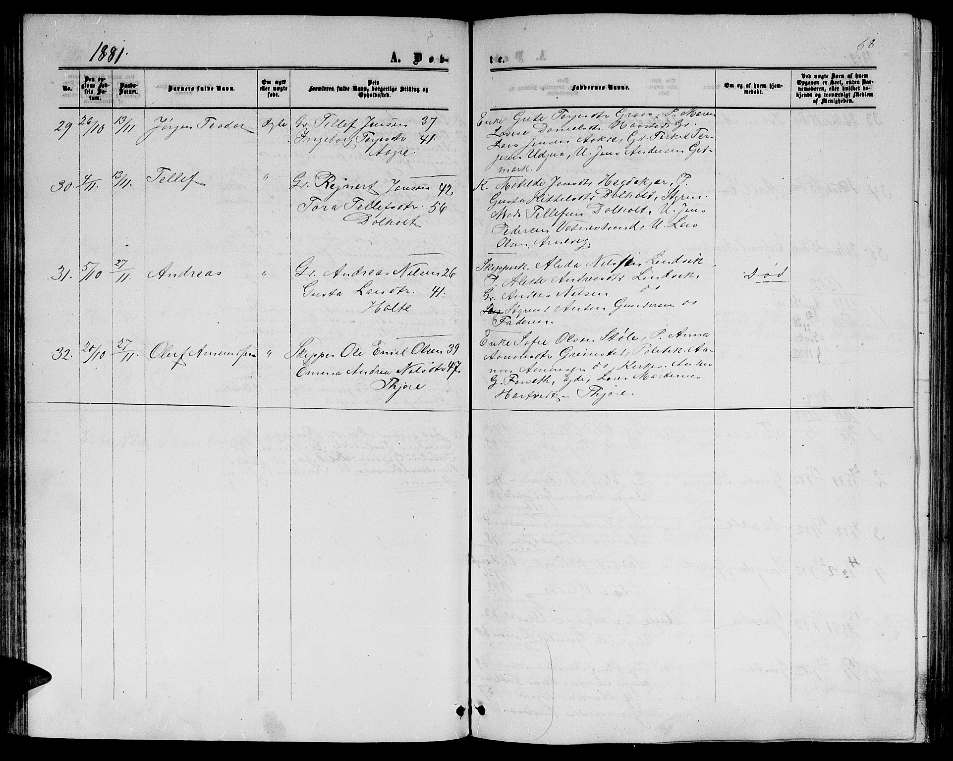 Hommedal sokneprestkontor, AV/SAK-1111-0023/F/Fb/Fbb/L0006: Parish register (copy) no. B 6, 1869-1884, p. 68