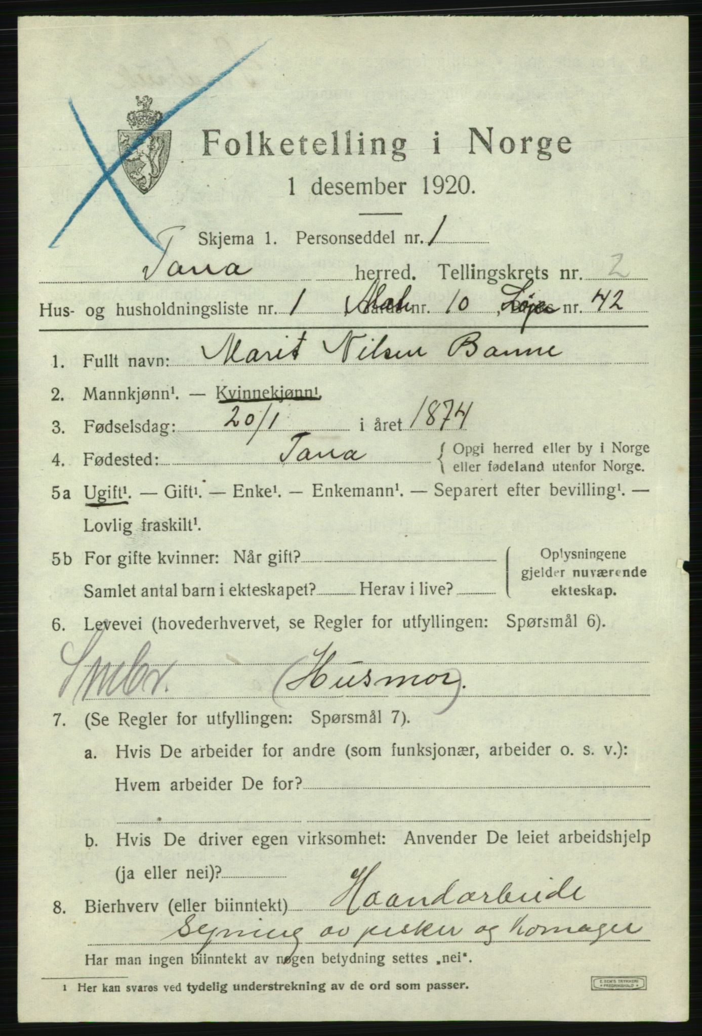 SATØ, 1920 census for Tana, 1920, p. 1438
