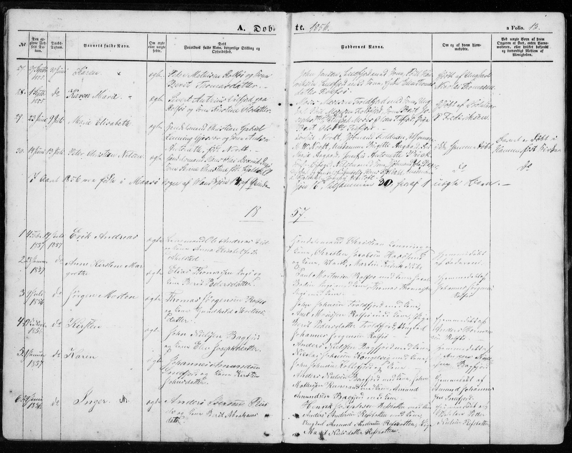 Måsøy sokneprestkontor, SATØ/S-1348/H/Ha/L0002kirke: Parish register (official) no. 2, 1852-1865, p. 13