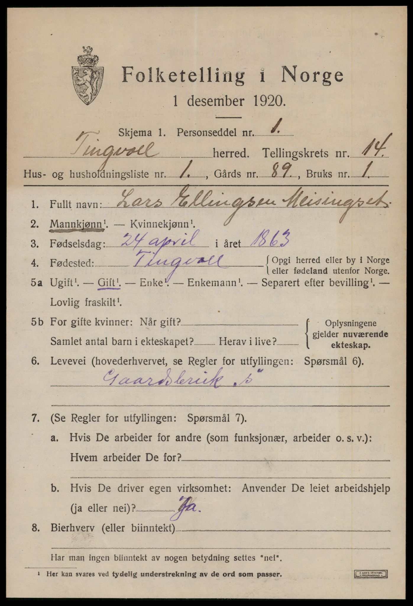 SAT, 1920 census for Tingvoll, 1920, p. 6976