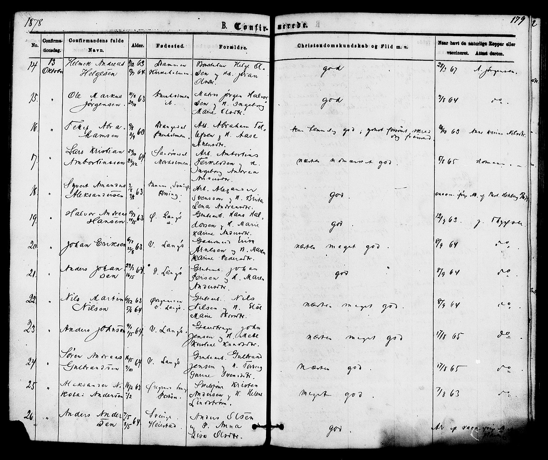 Skåtøy kirkebøker, SAKO/A-304/F/Fa/L0001: Parish register (official) no. I 1, 1874-1883, p. 179