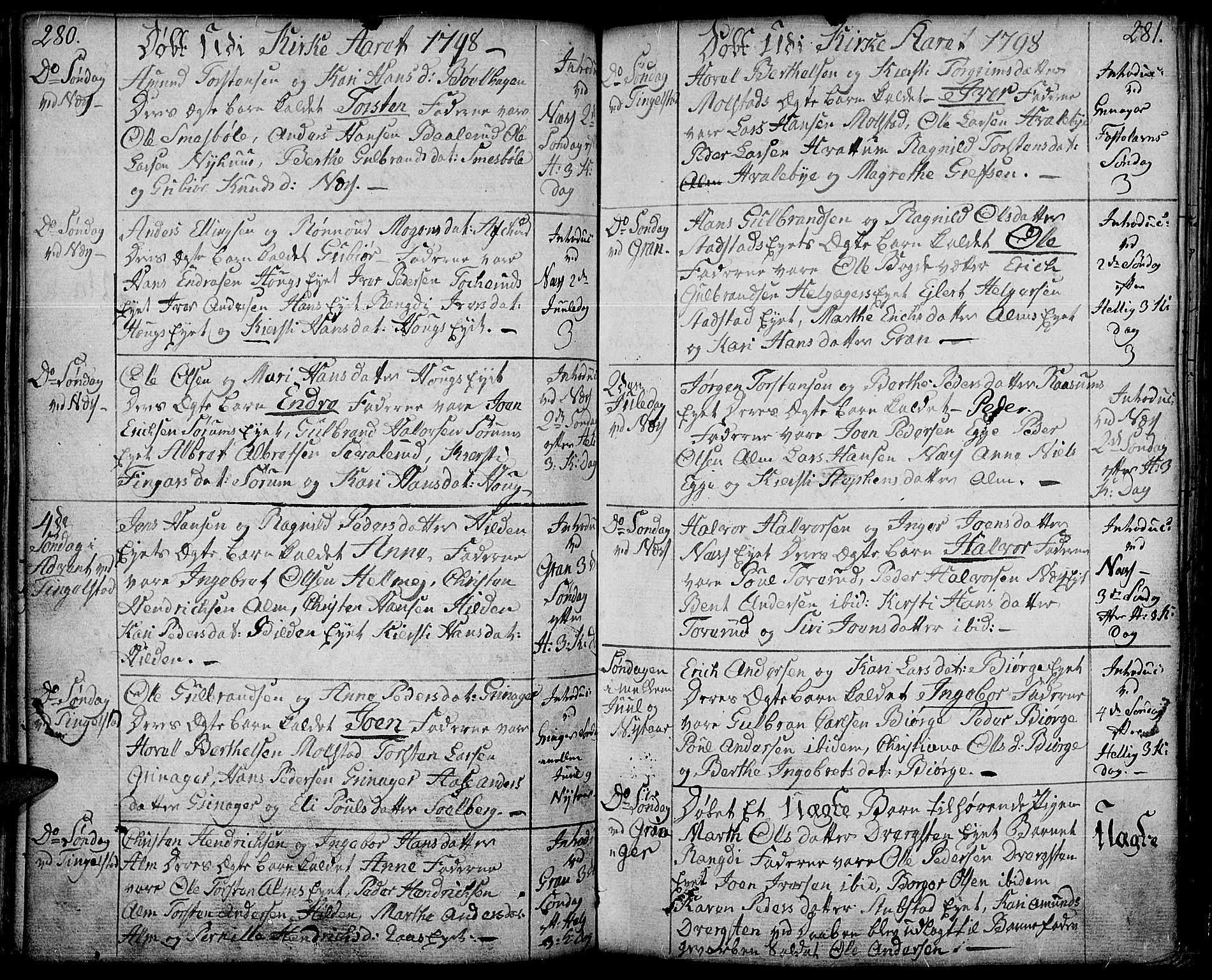 Gran prestekontor, SAH/PREST-112/H/Ha/Haa/L0006: Parish register (official) no. 6, 1787-1824, p. 280-281