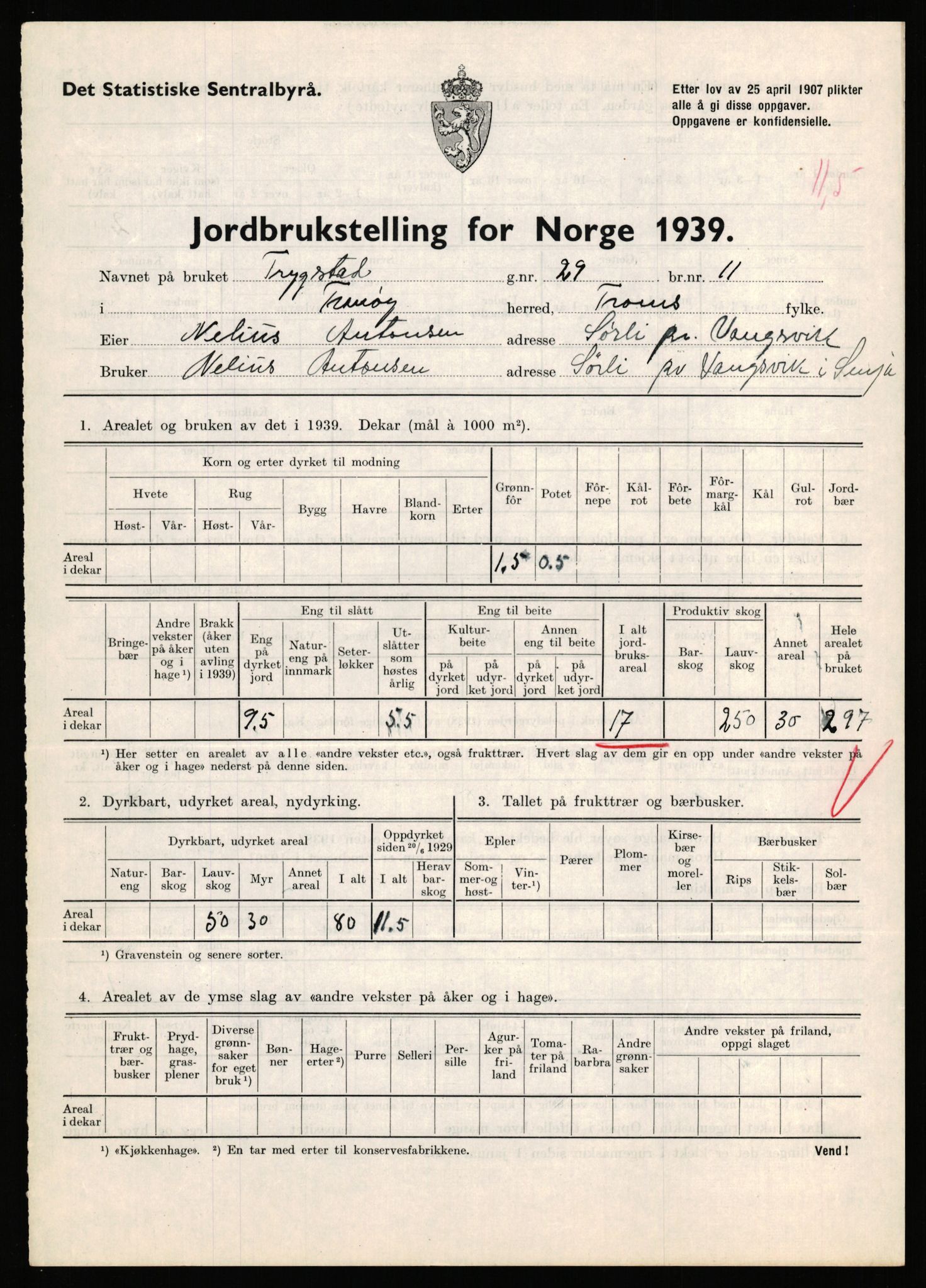 Statistisk sentralbyrå, Næringsøkonomiske emner, Jordbruk, skogbruk, jakt, fiske og fangst, AV/RA-S-2234/G/Gb/L0341: Troms: Sørreisa og Tranøy, 1939, p. 1027